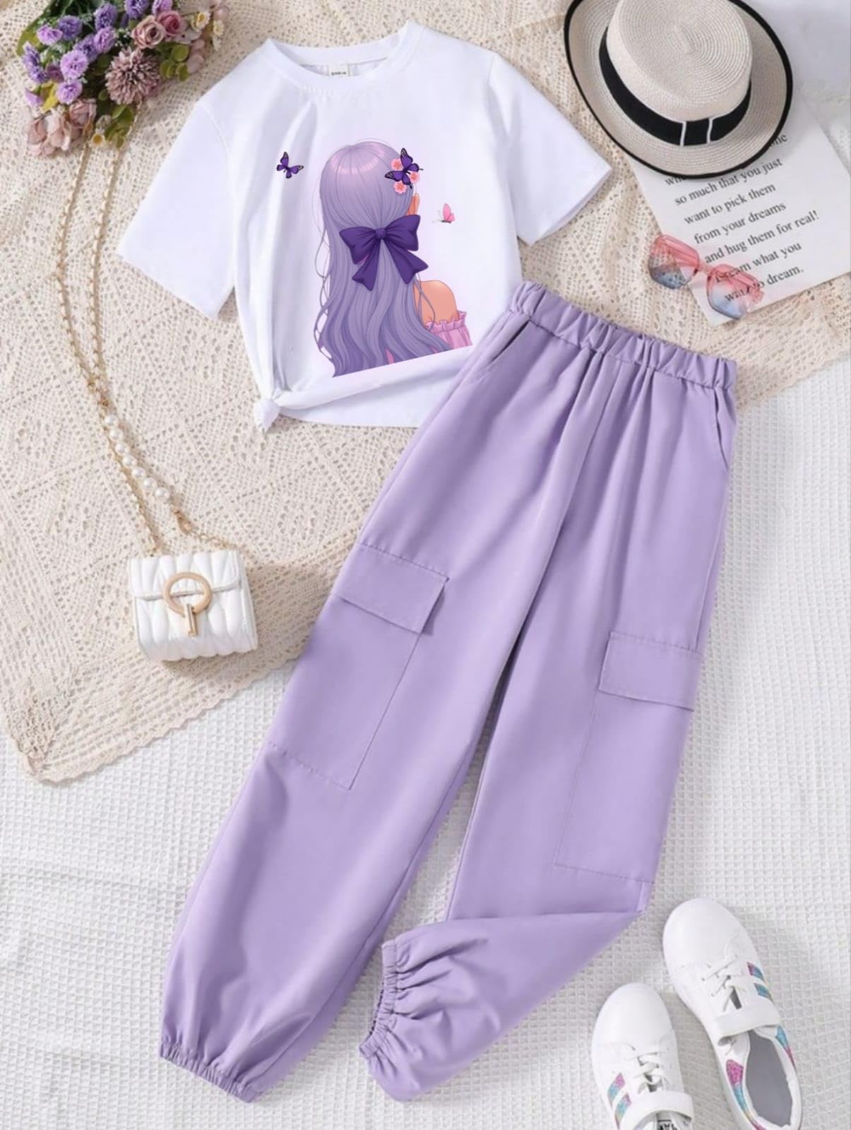 GarbGlide Girls Printed T-Shirt & Cargo Joggers - Purple - Image 2