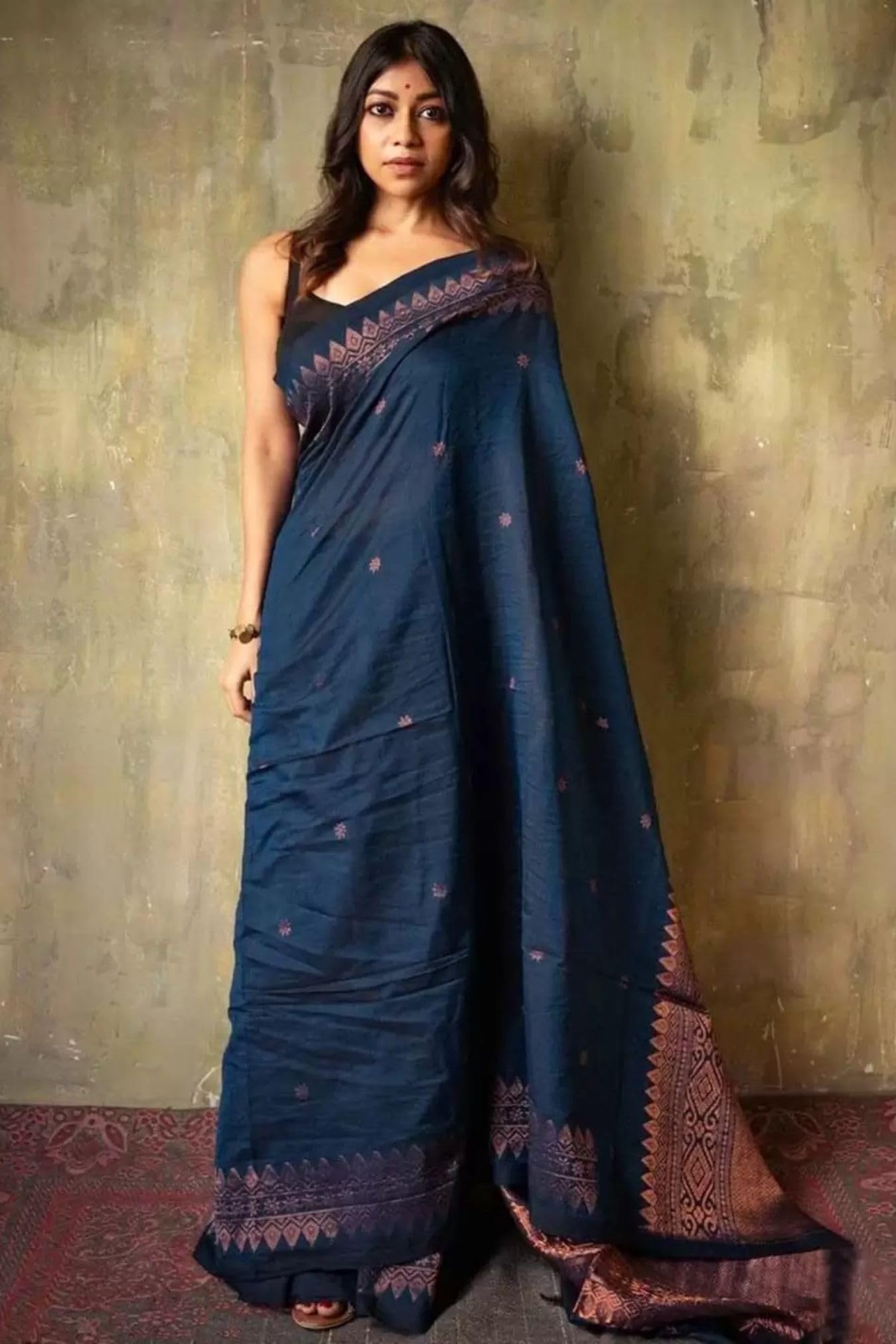 GarbGlide Women's Kanjivaram Silk Saree - Dark Blue - Image 2