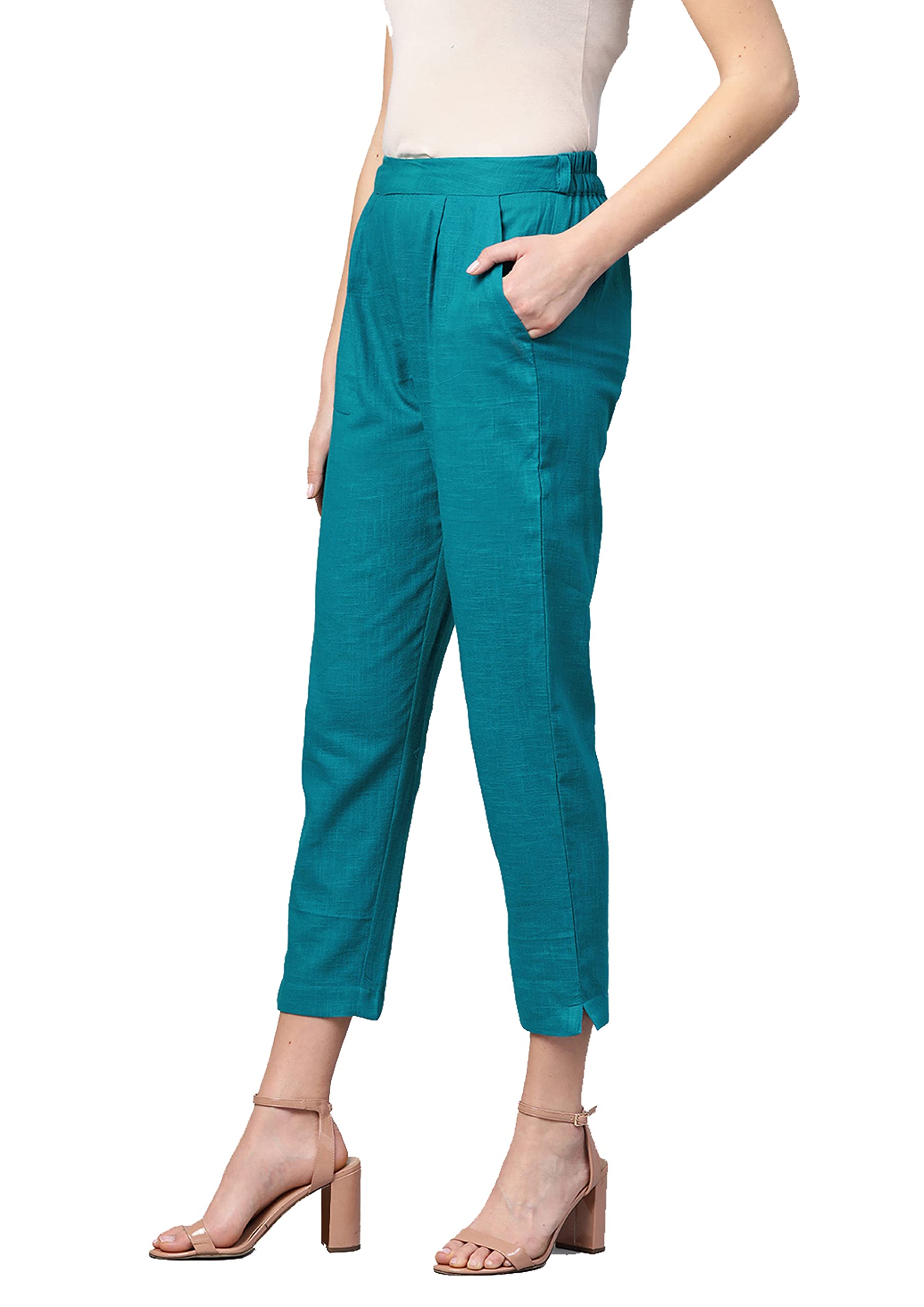 Teal Blue Cotton Slub Straight Trousers for Women - Image 2