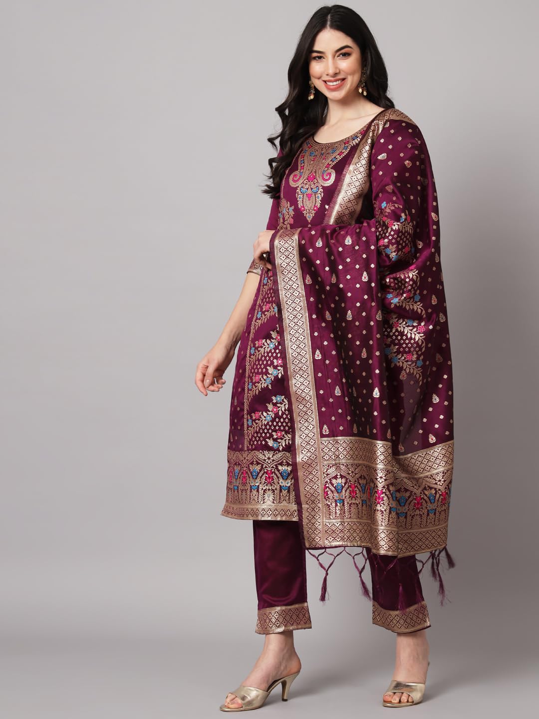 VredeVogel Women's Cotton Silk Kurta Pant with Dupatta - Purple - Image 3