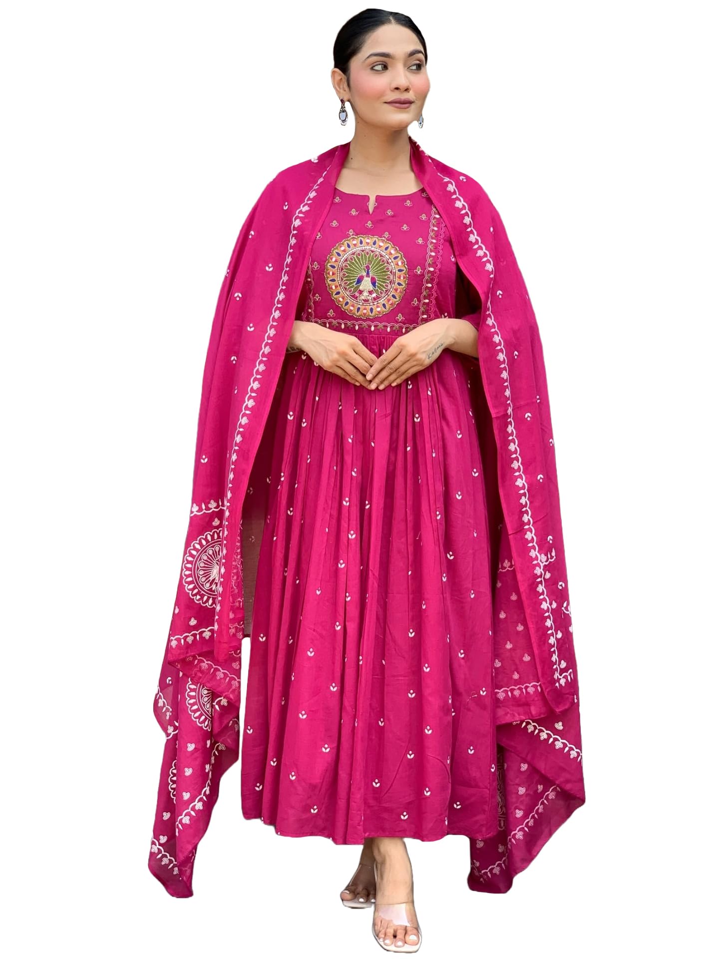 GoSriKi Women's Pink Embroidered Anarkali Kurta Set
