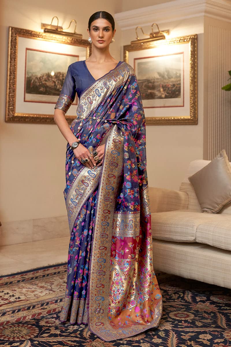Kanjivaram Silk Saree - Dark Blue with Golden Zari - Image 2