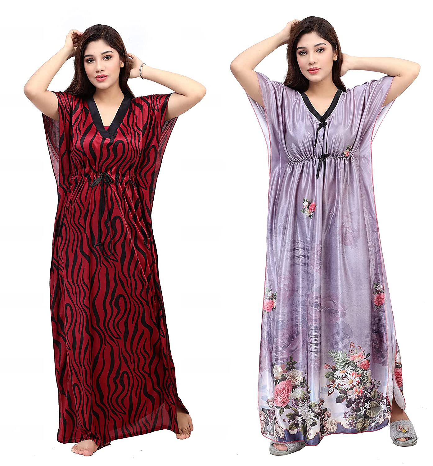 G4Girl Women's Silk Geometric Print Maxi Kaftan Night Gown - Maroon Grey