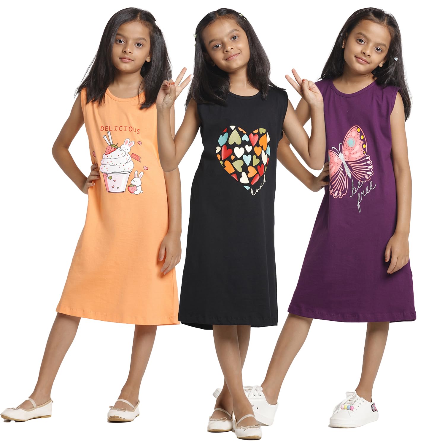 T2F Girls Cotton Sleeveless Nightdresses