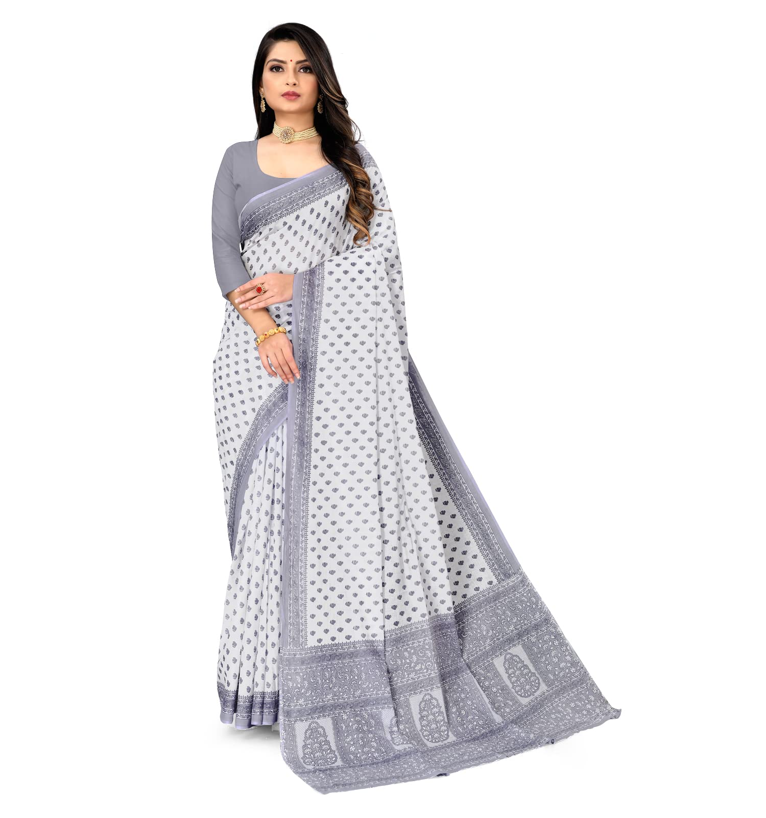 RATAN Women Cotton Saree - Grey White