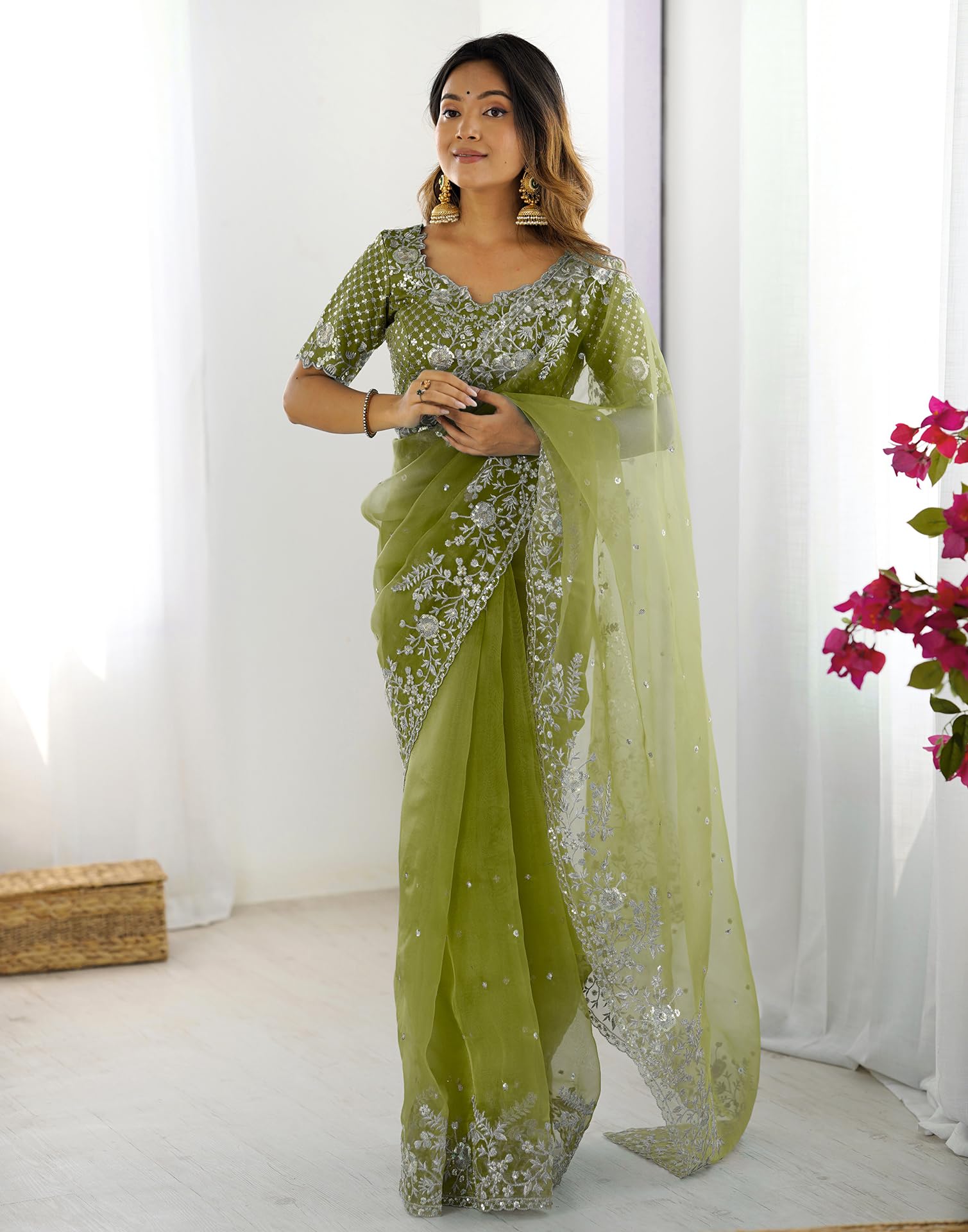 SIRIL Women's Organza Saree - Green - Image 2