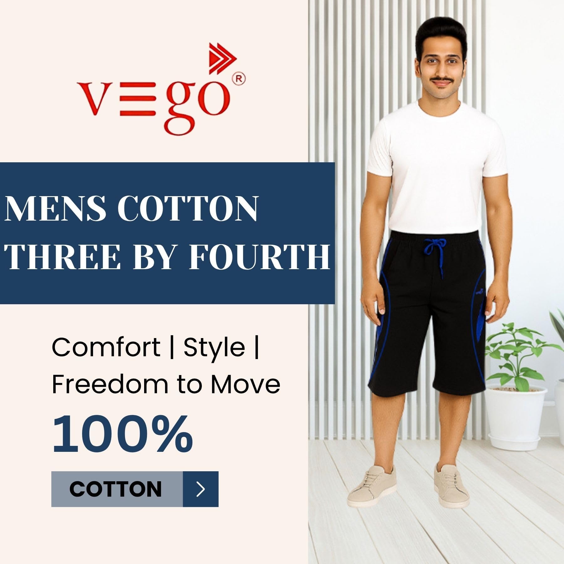 VEGO Mens Cotton Capri Pant - Black - Image 2