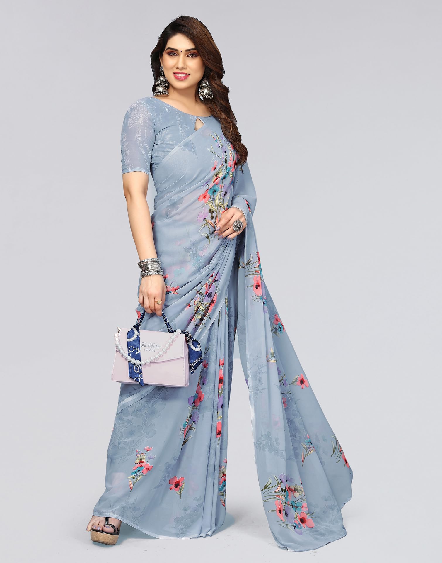 SIRIL Women's Georgette Floral Printed Saree - Grey - Image 4