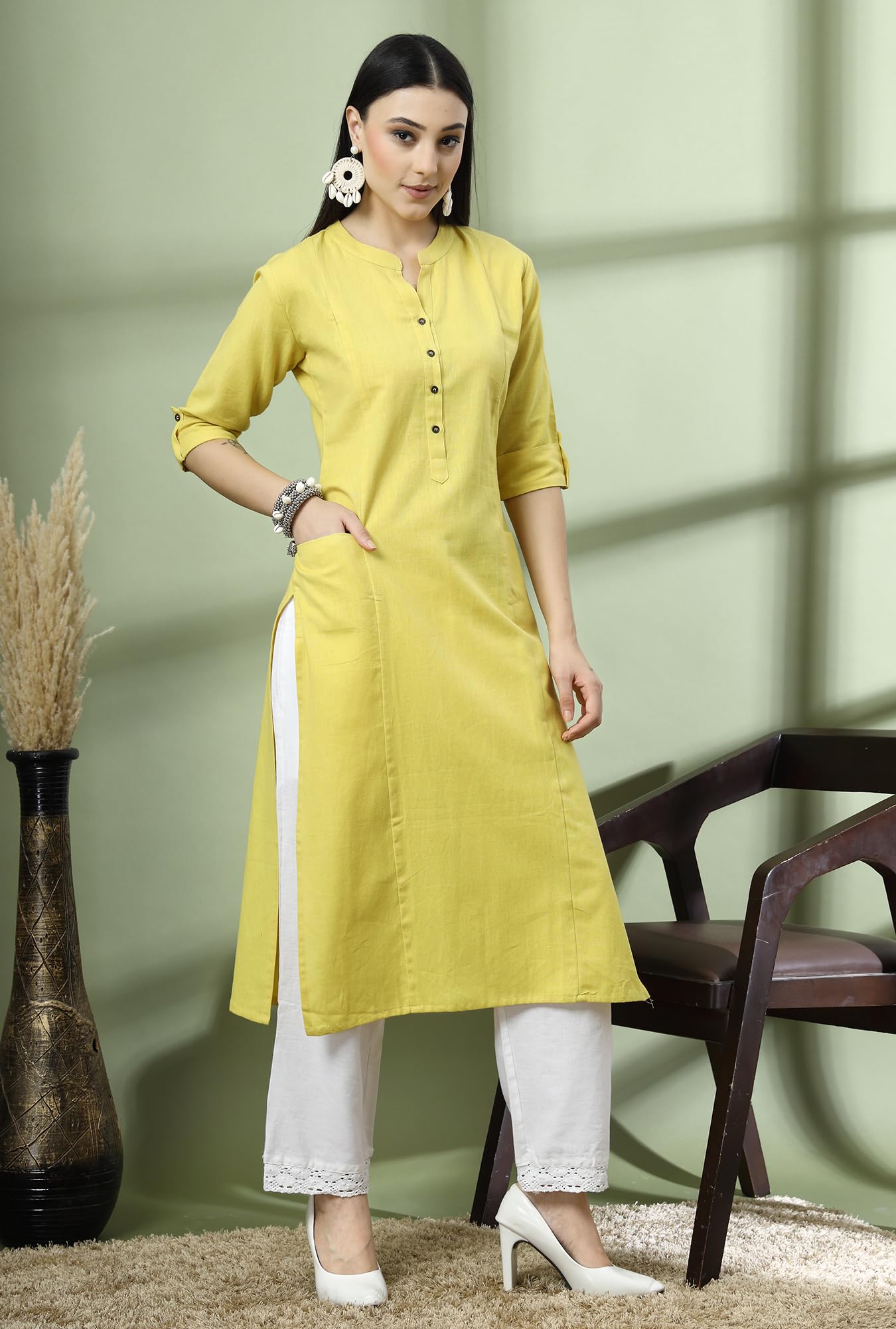 GarbGlide Women Cotton Kurta - Lime Yellow - Image 3
