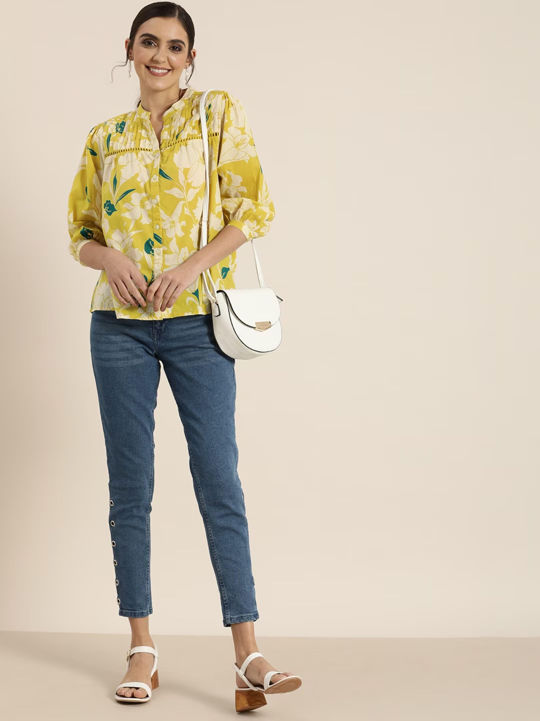 Yellow Cotton Printed Top for Women - Image 4