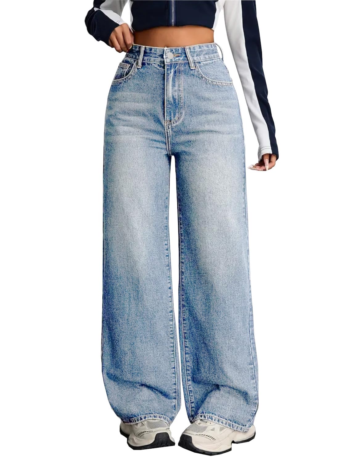 Nifty Women's Denim High Waist Baggy Jeans - Light Blue