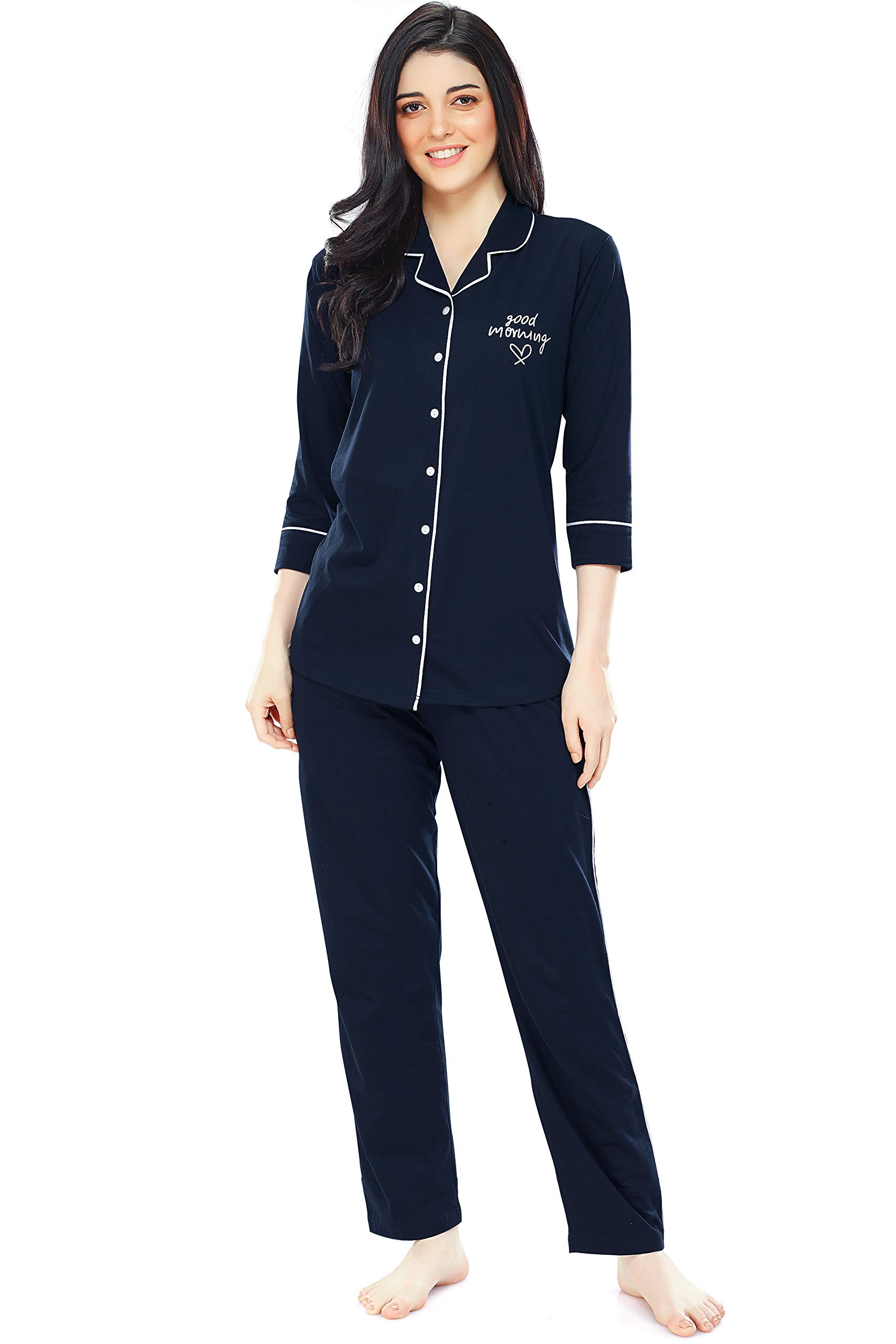 Navy Blue Cotton Night Suit Set for Women