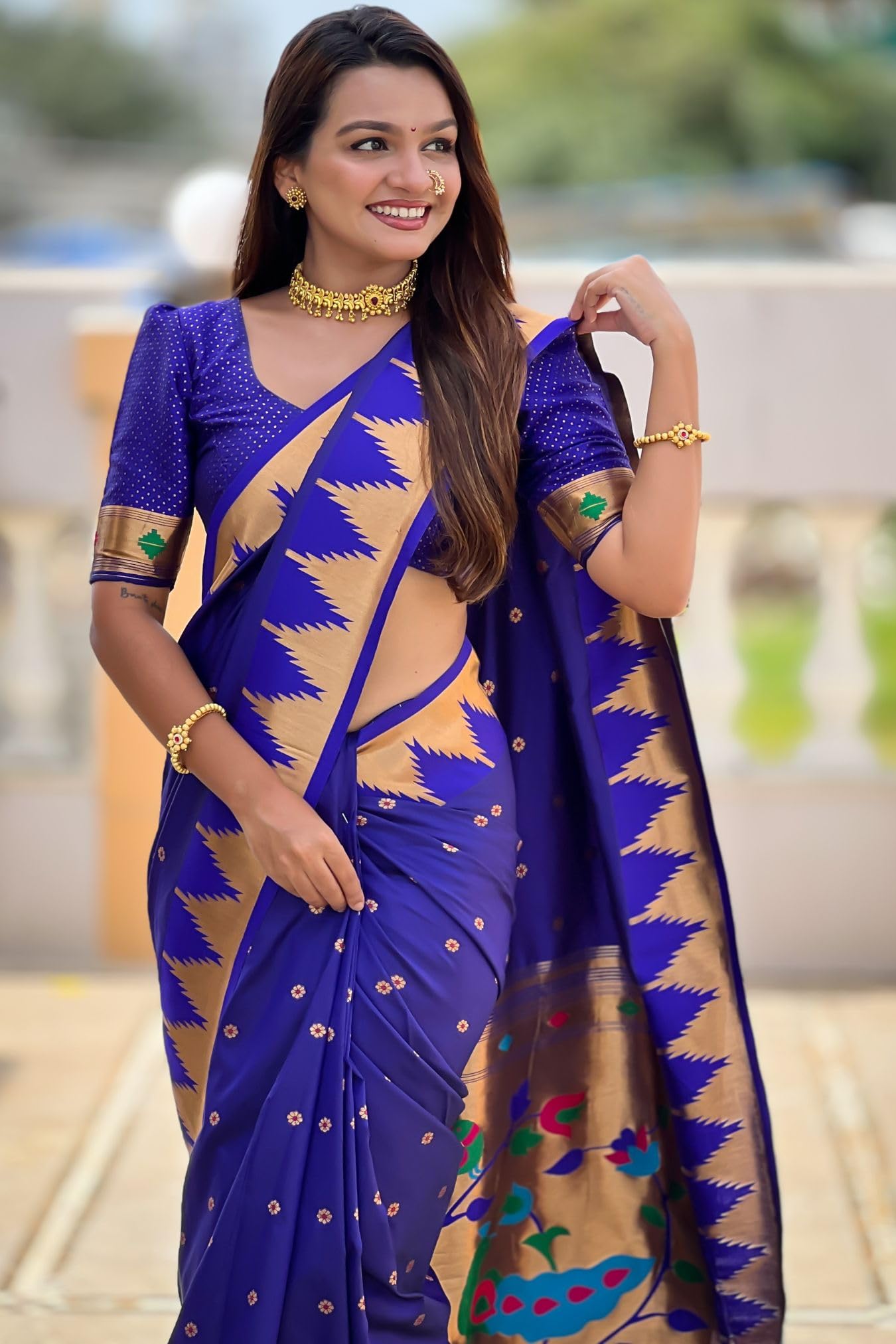 GarbGlide Women Paithani Lichi Silk Saree - Dark Blue - Image 5