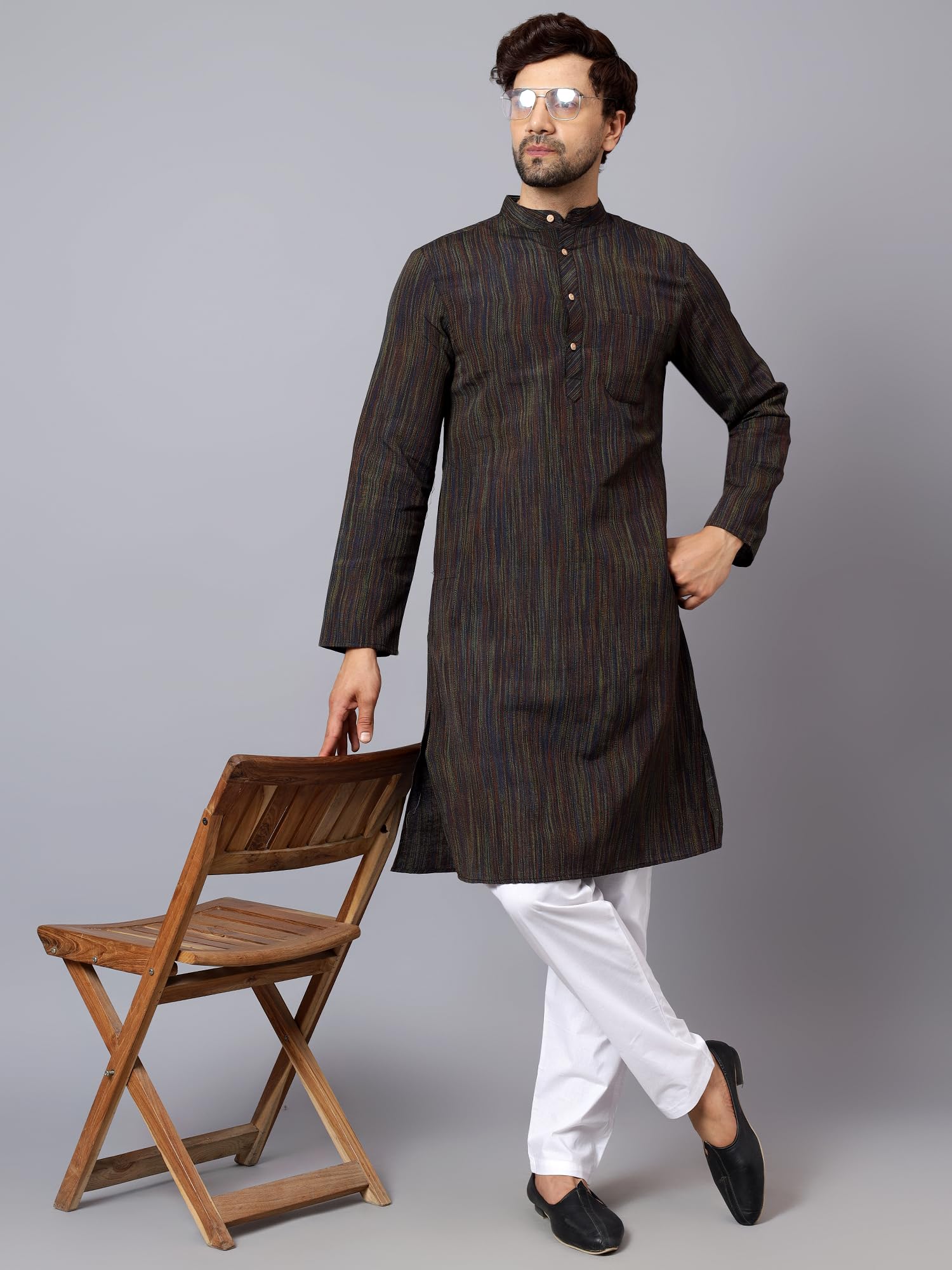 GarbGlide Men Cotton Long Kurta - Black - Image 2