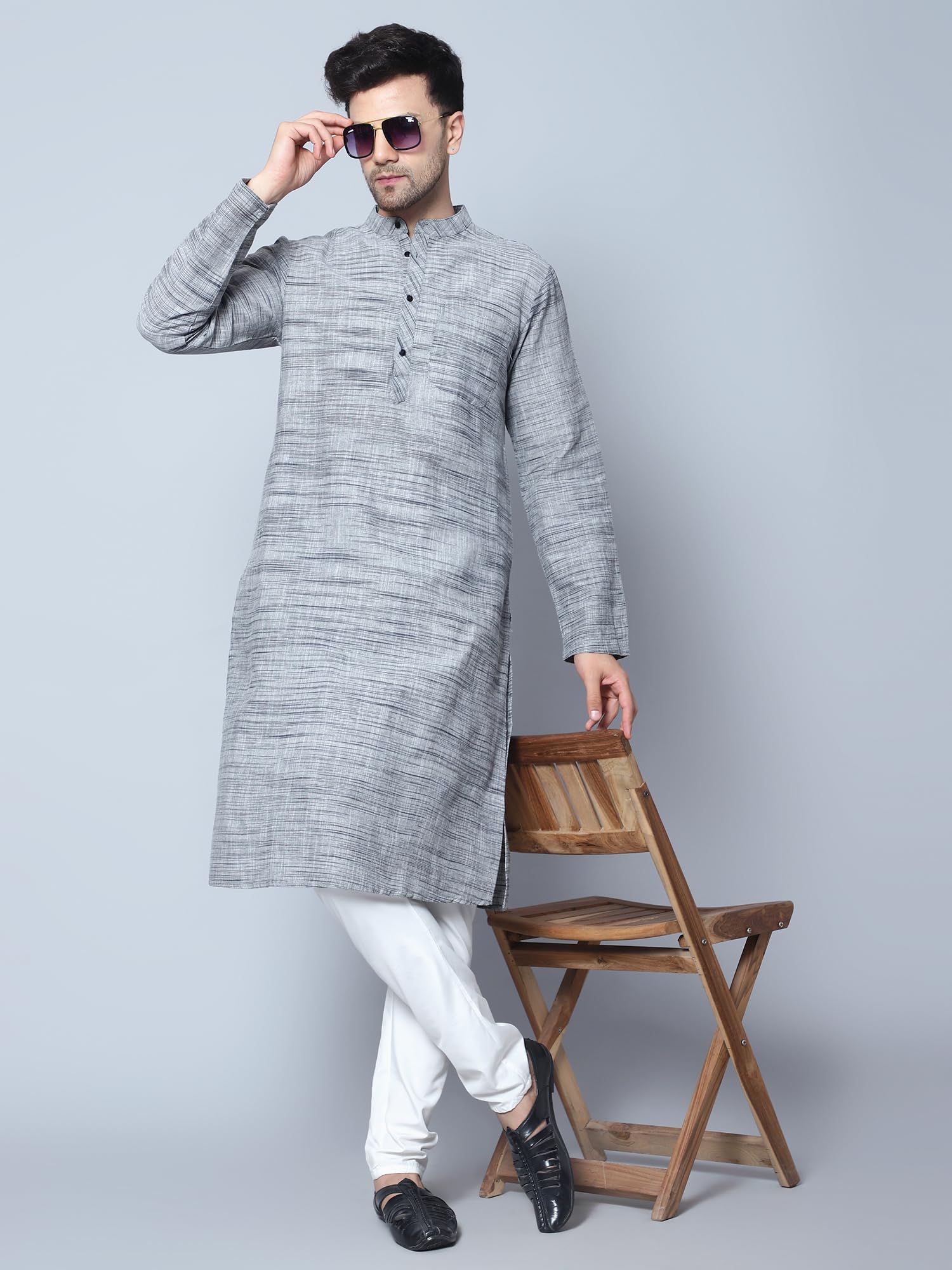 CHIKAN Men Cotton Kurta - Grey - Image 2