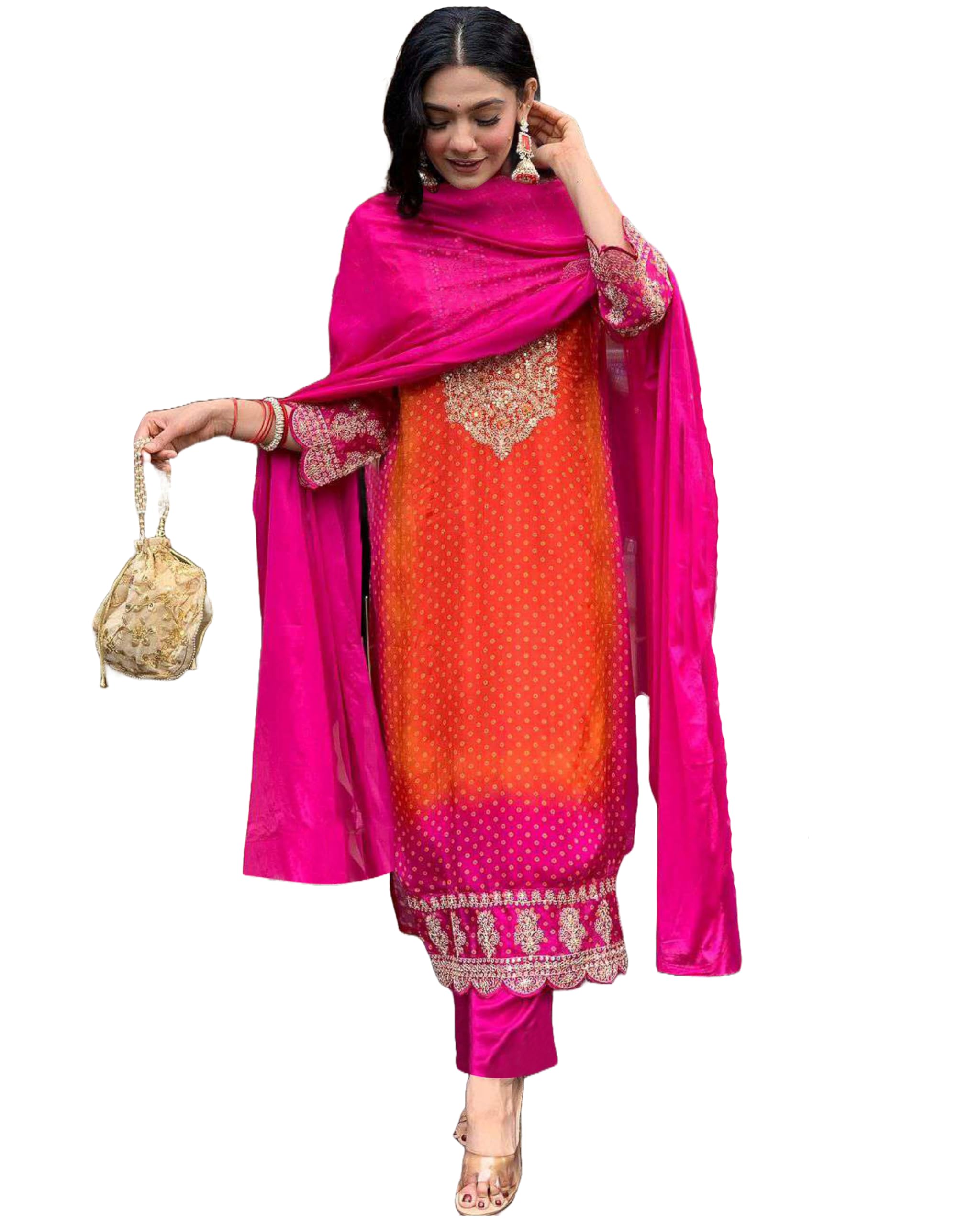GoSriKi Women's Rayon Blend Kurta with Pant & Dupatta - Pink