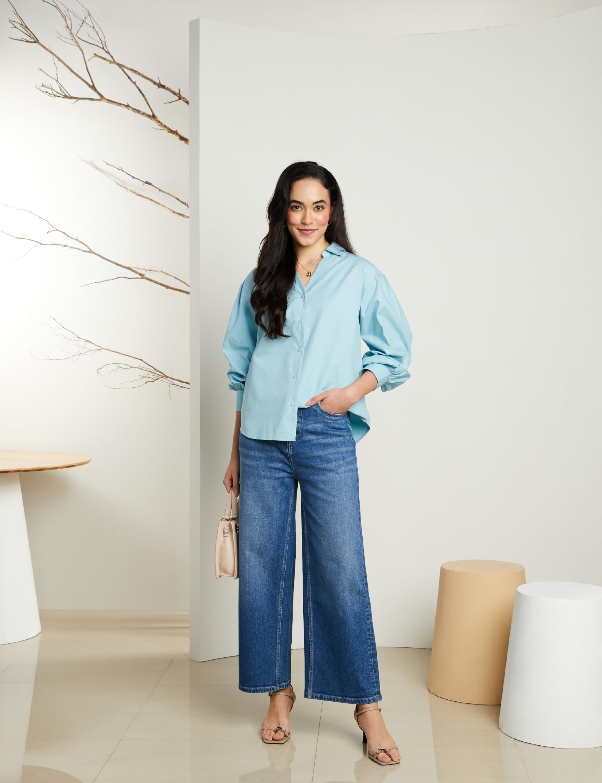 Symbol Women's Oversized Casual Cotton Shirt - Light Blue - Image 3