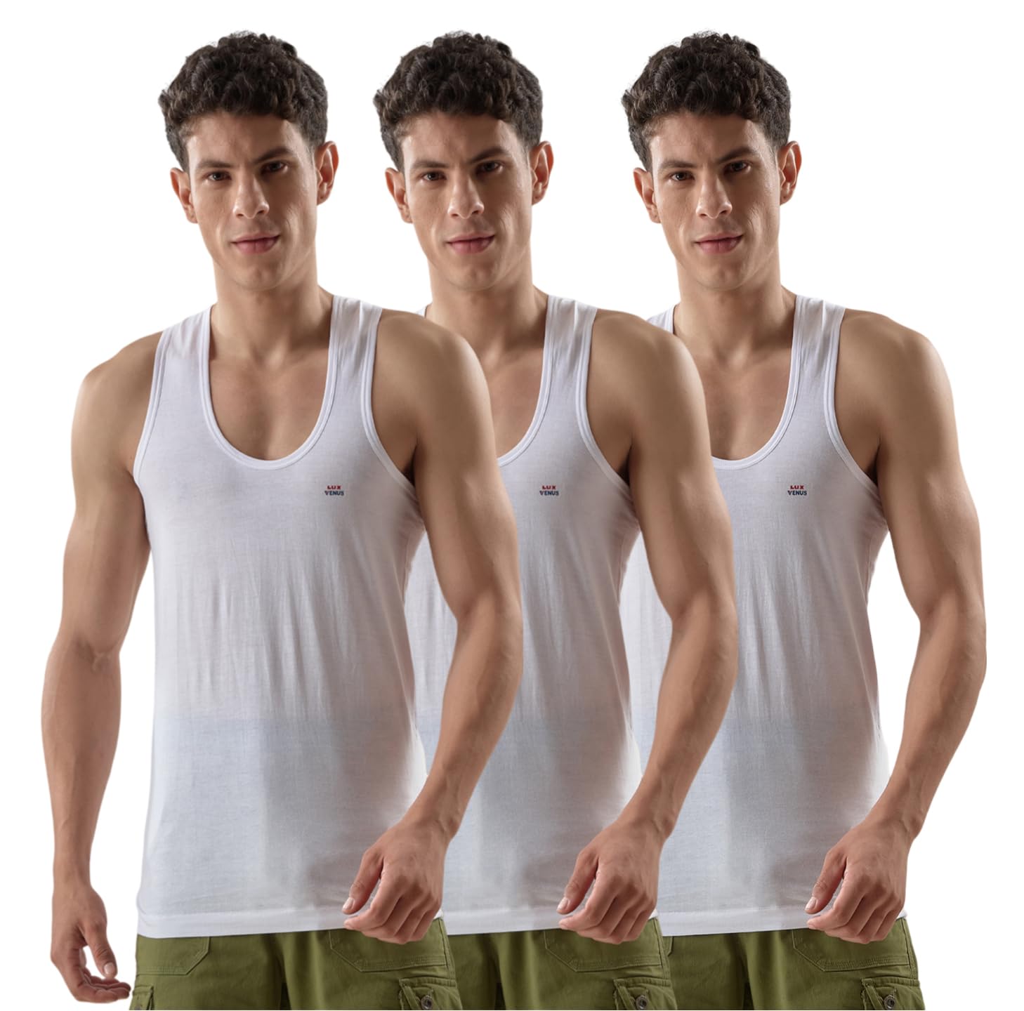 LUX VENUS Cotton Rib Round Neck Sleeveless Vest for Men - White