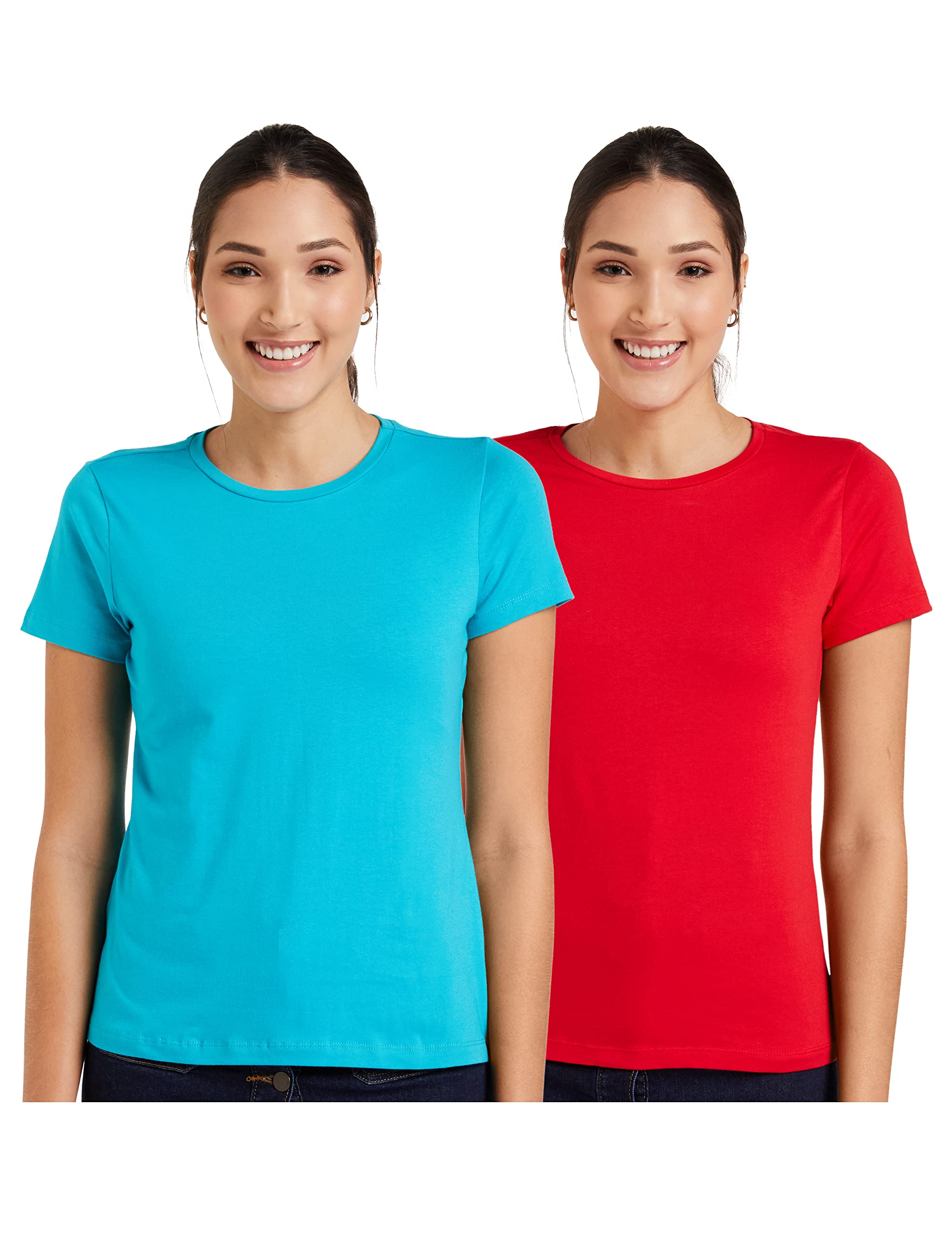Symbol Women Solid T-Shirt - Red & Turquoise