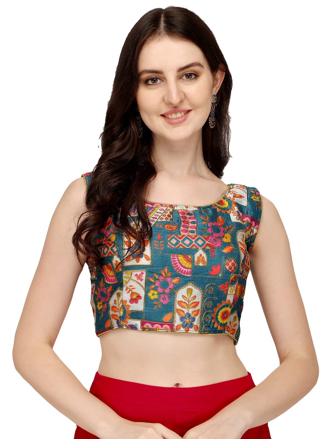 Pujia Mills Phantom Silk Floral Sleeveless Saree Blouse - Sky Blue