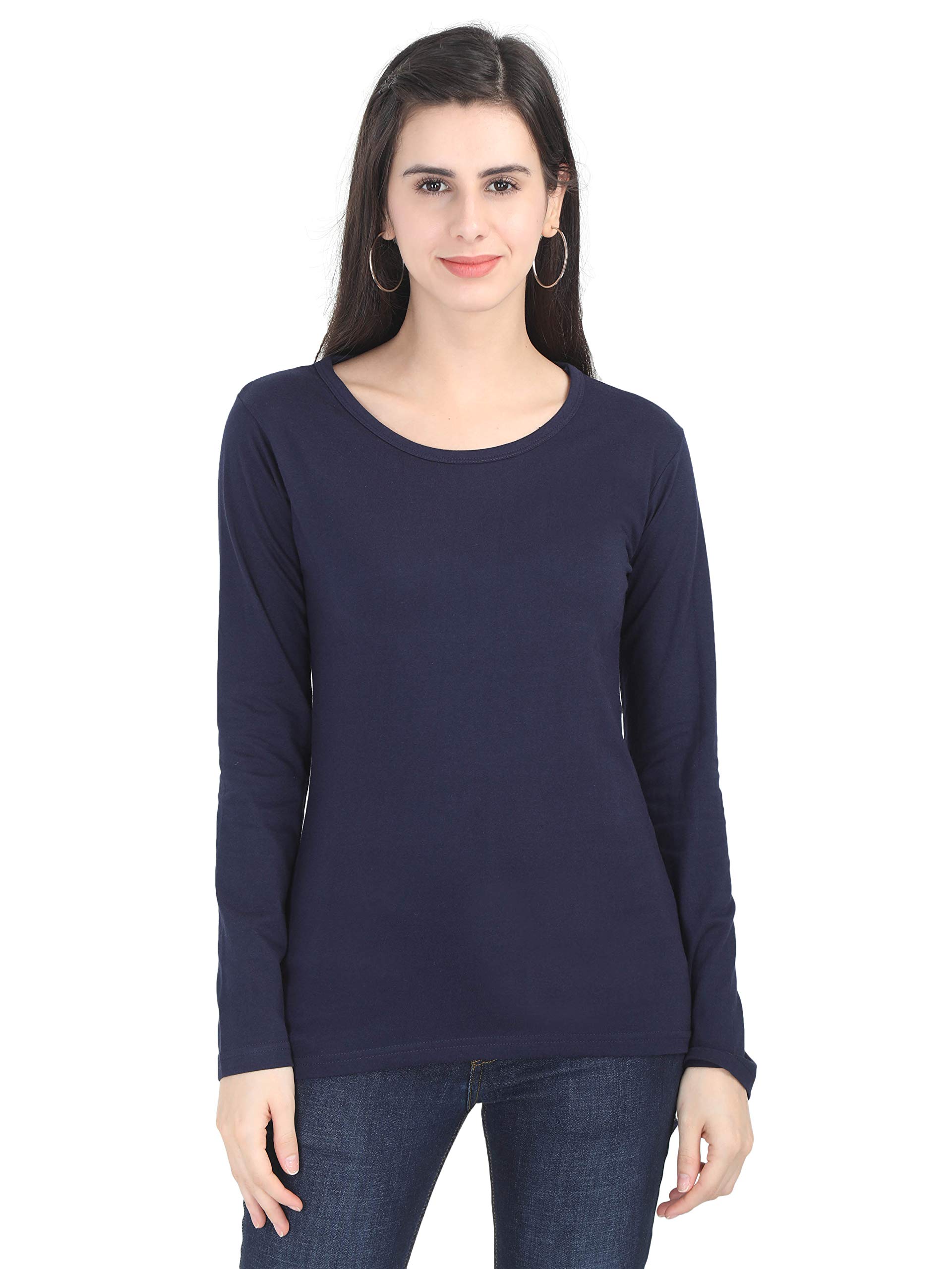 FLEXIMAA Women's Cotton Round Neck T-Shirt - Navy Blue