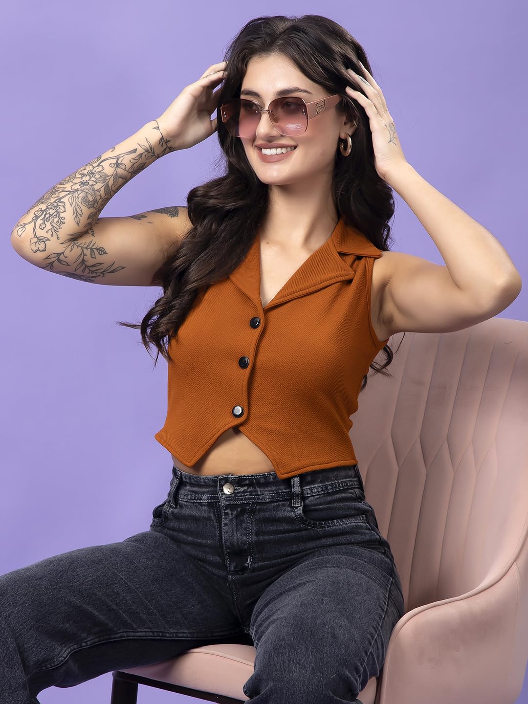 POPWINGS Rust V Neck Sleeveless Waistcoat - Image 5