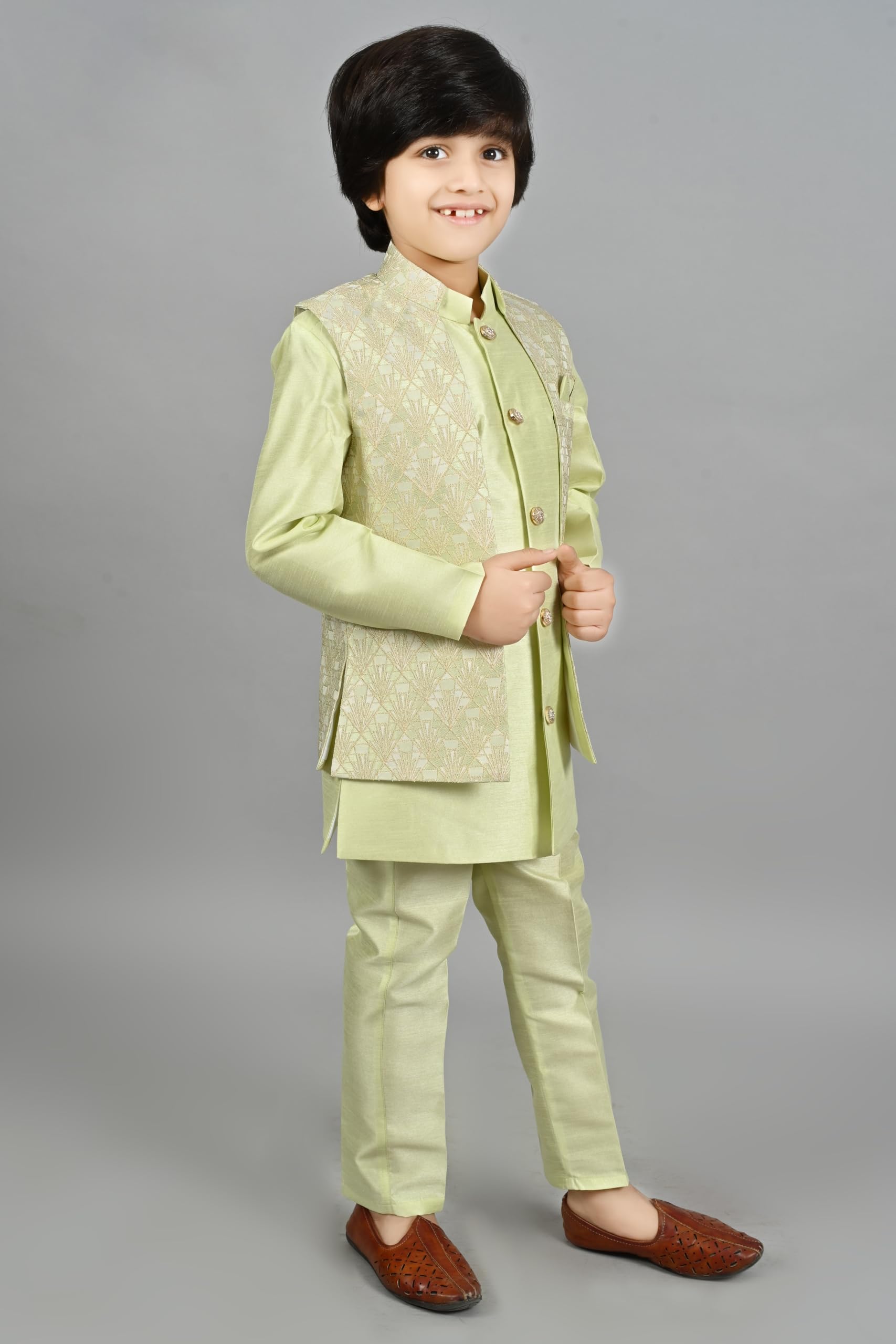 AHHAAAA Boys Silk Blend Kurta Pyjama Set - Lime - Image 5