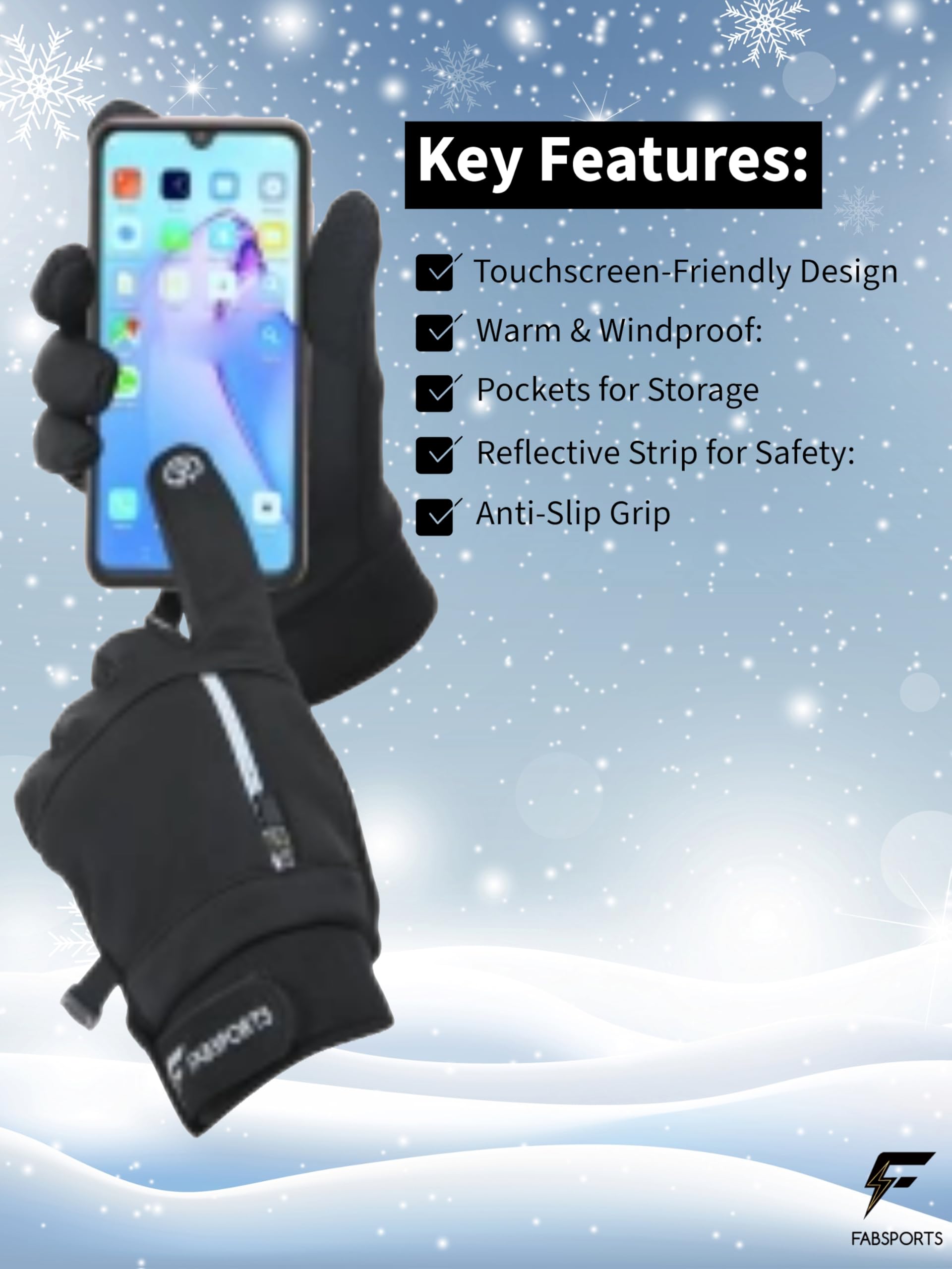FABSPORTS Touchscreen Winter Gloves for Men & Women - Reflective - Image 5