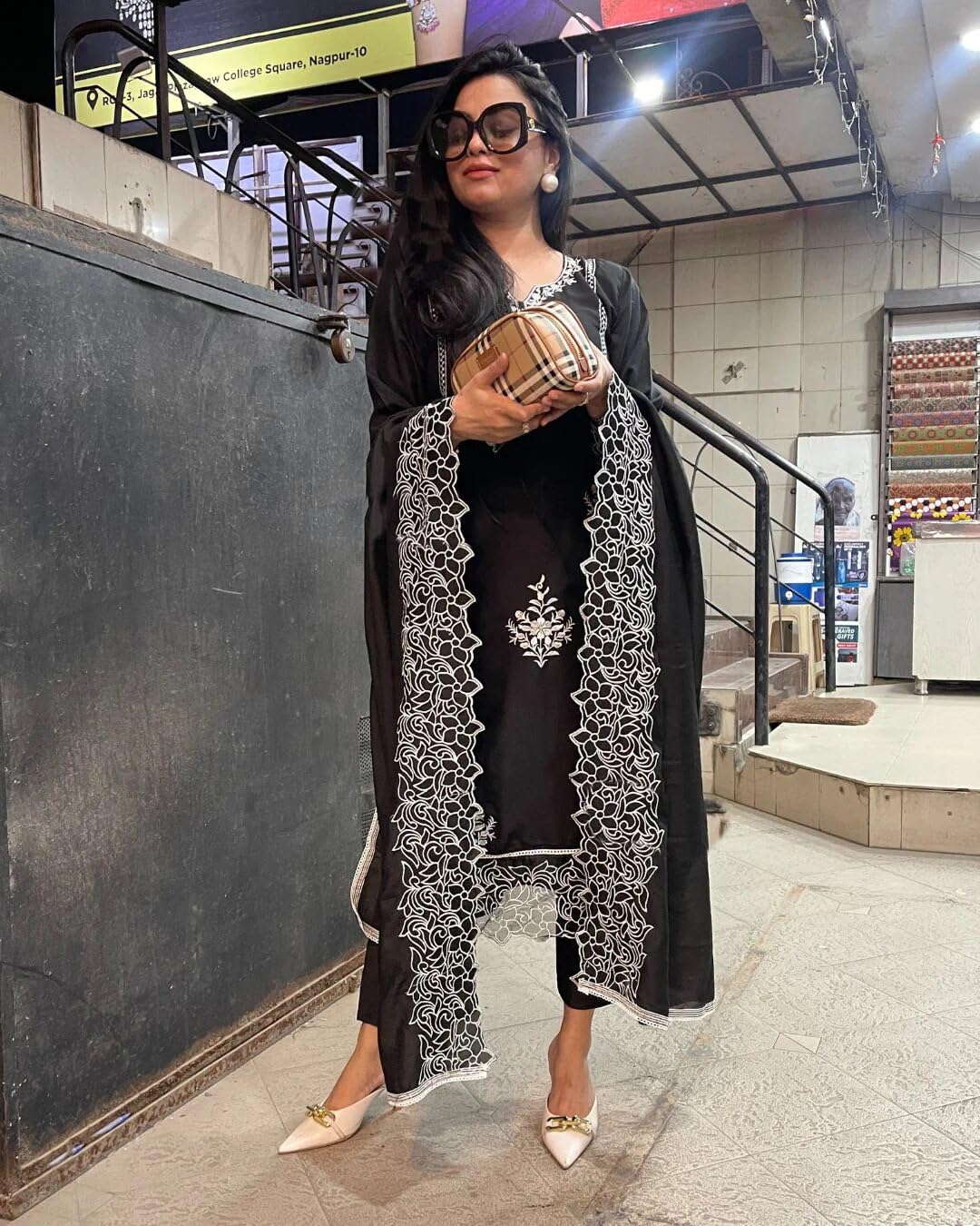 GoSriKi Women's Rayon Kurta with Pant & Dupatta - Black - Image 4