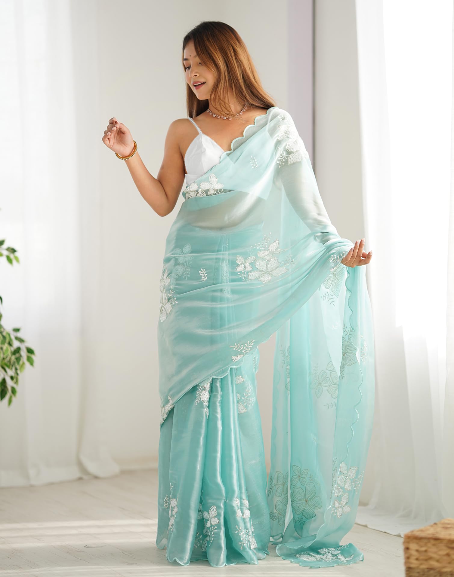 SIRIL Turquoise Chiffon Saree with Sequins Embroidery - Image 2
