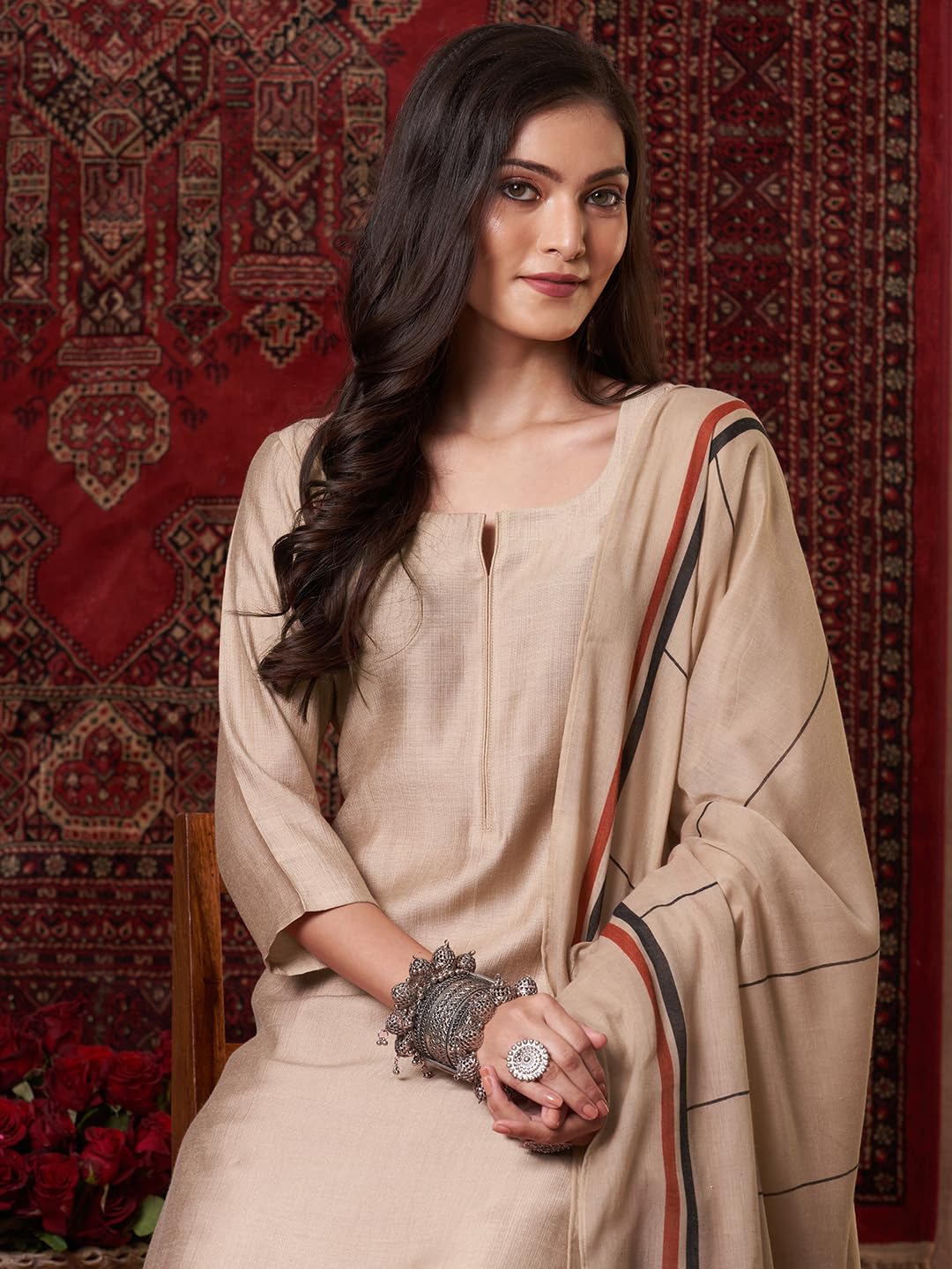 ANNI DESIGNER Women's Rayon Kurta with Pant & Dupatta - Beige - Image 5