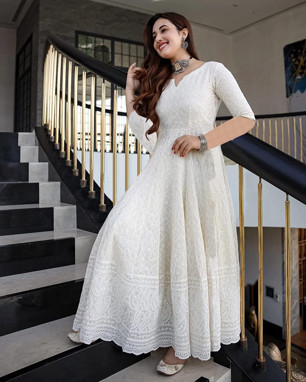 Chikankari Anarkali Dress for Women - White - Image 5