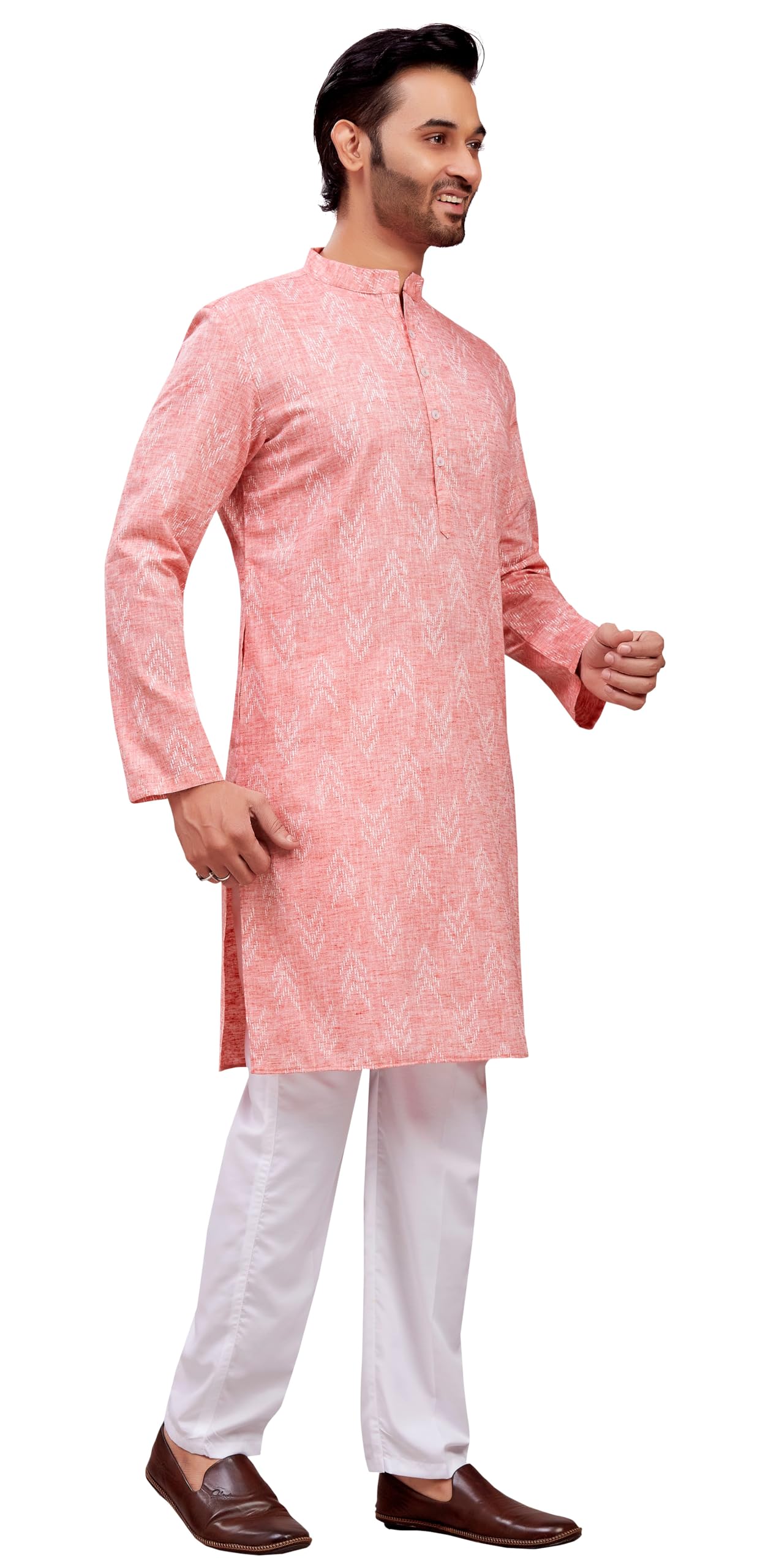 Studio Shringaar Men's Cotton Blend Ikat Printed Kurta - Tomato - Image 4