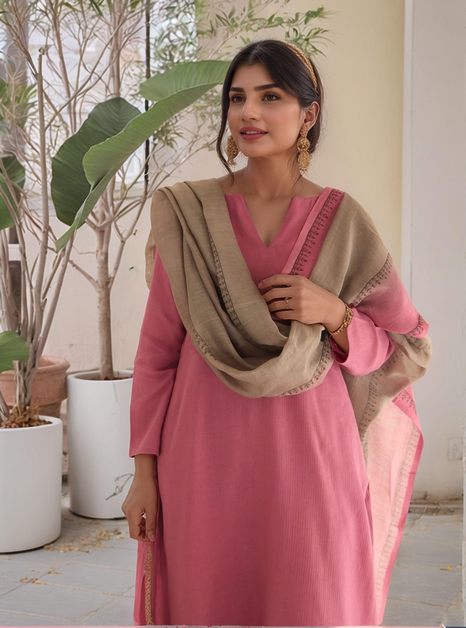 GoSriKi Women's Silk Blend Kurta with Pant & Dupatta - Pink - Image 3