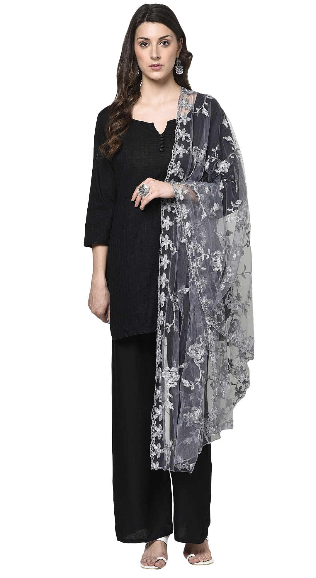 HARI MADHAV Women Nylon Net Embroidered Dupatta - Grey - Image 2