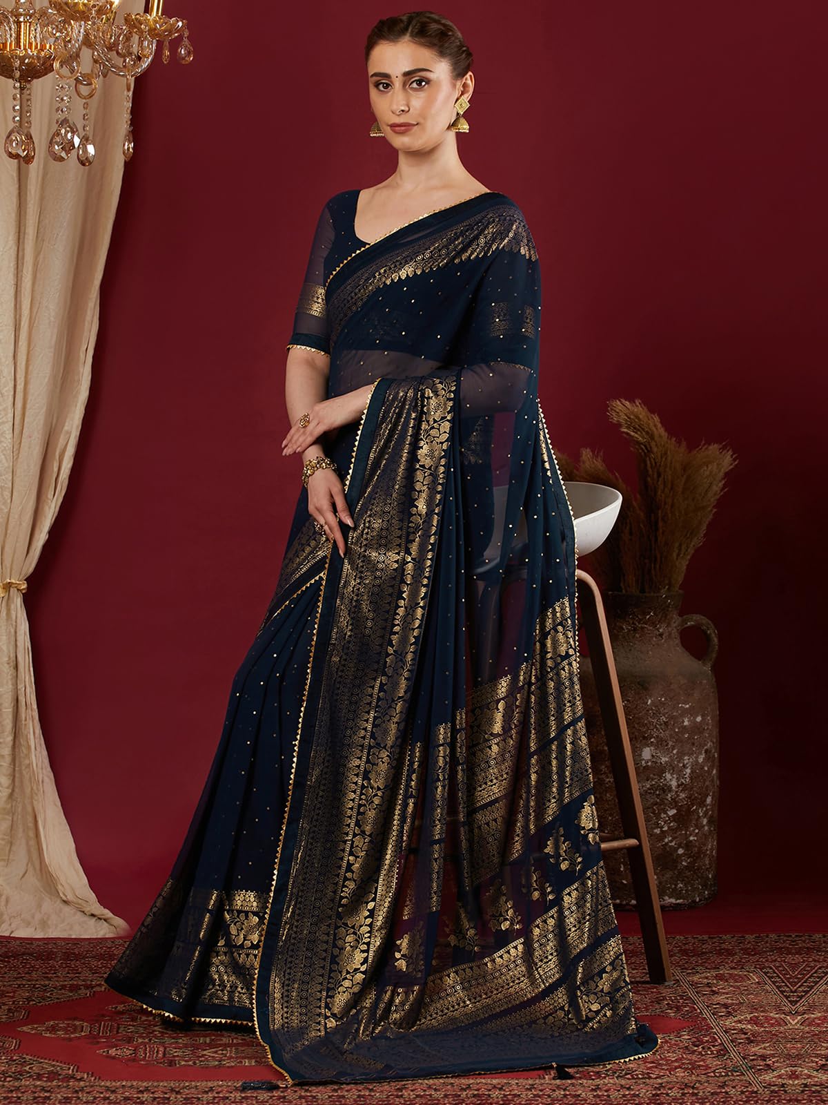 SAMAH Women's Georgette Saree - Navy Blue - Image 2