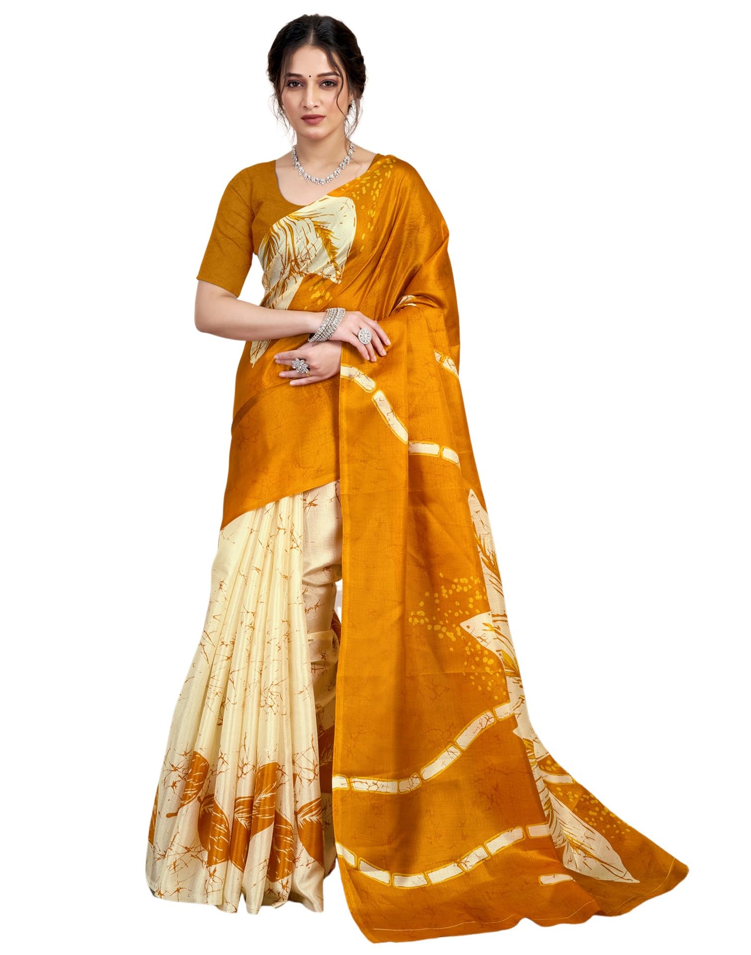 SIRIL Women's Cotton Floral Printed Saree - Yellow