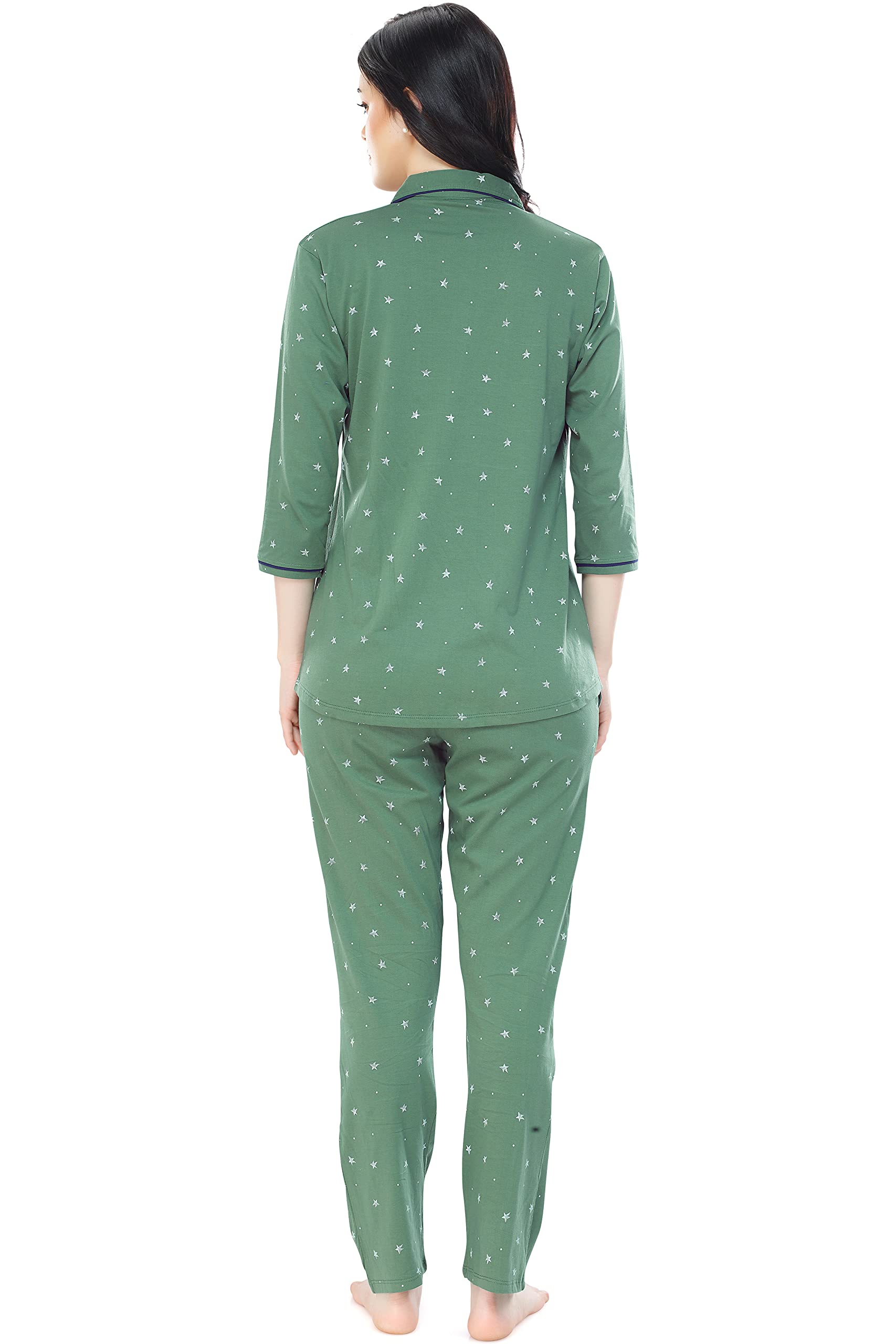 ZEYO Women's Cotton Star Printed Green Night Suit - Image 3