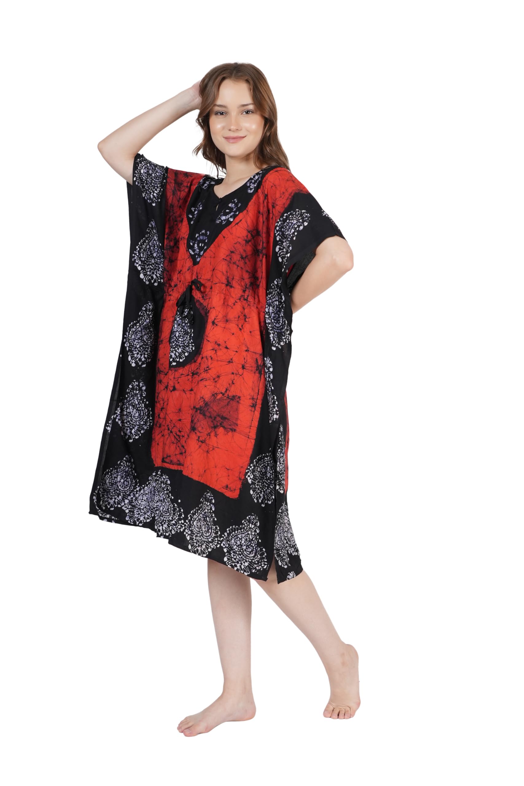Onekbhalo Women's Cotton Batik Kaftan Nighty - Orange - Image 2