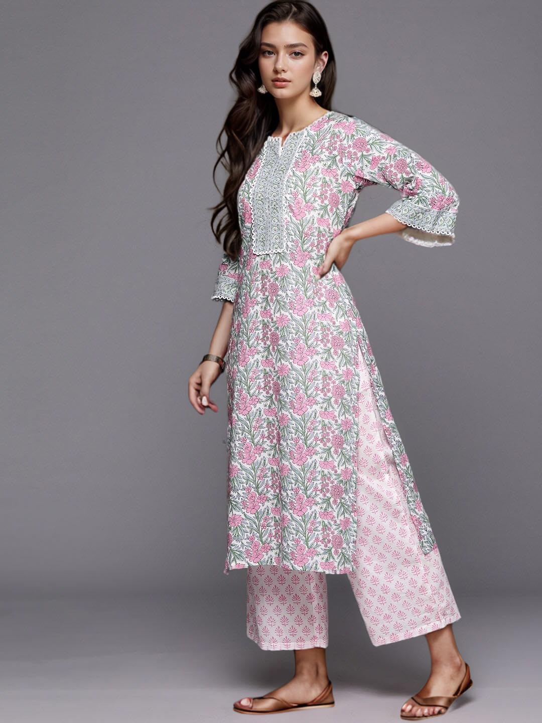 Arayna Women's Cotton Block Printed Kurta Set - Pink - Image 4
