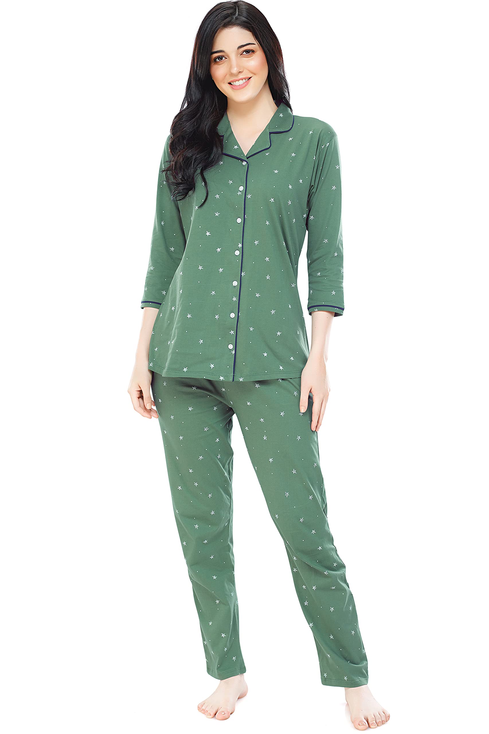ZEYO Women's Cotton Star Printed Green Night Suit