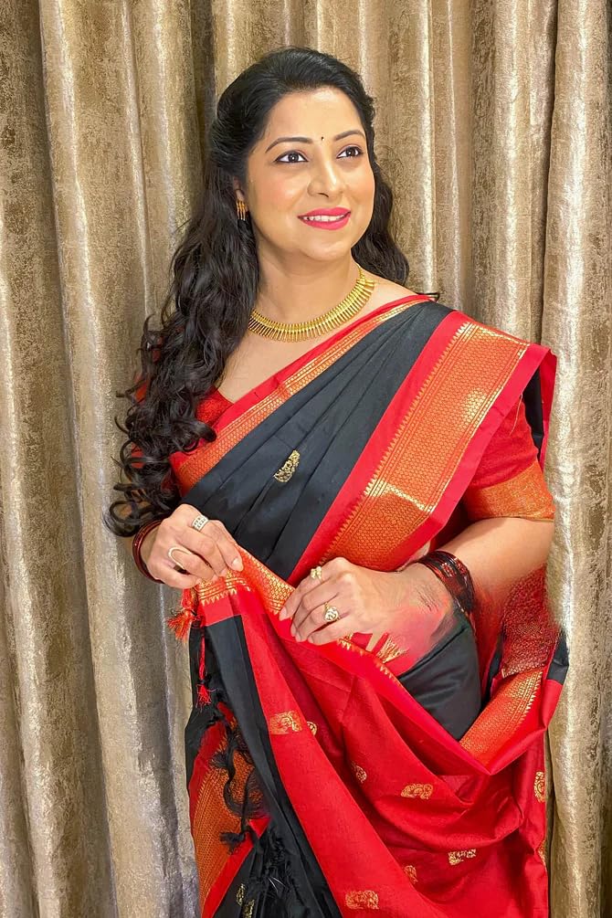 GarbGlide Women's Kanjivaram Lichi Silk Saree - Black Red - Image 4