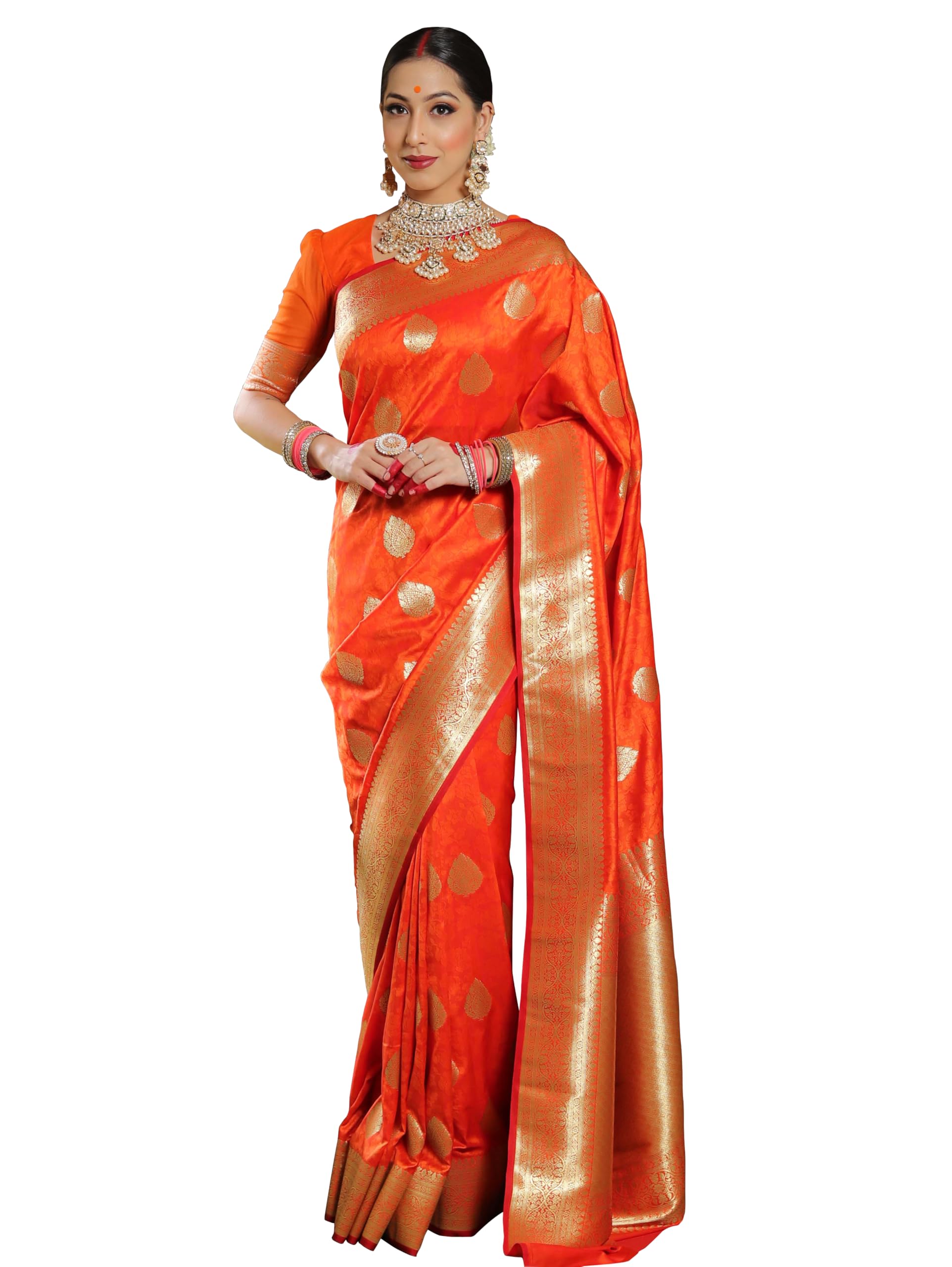 Sugathari Kanjivaram Silk Saree - Orange Gold Zari Borders