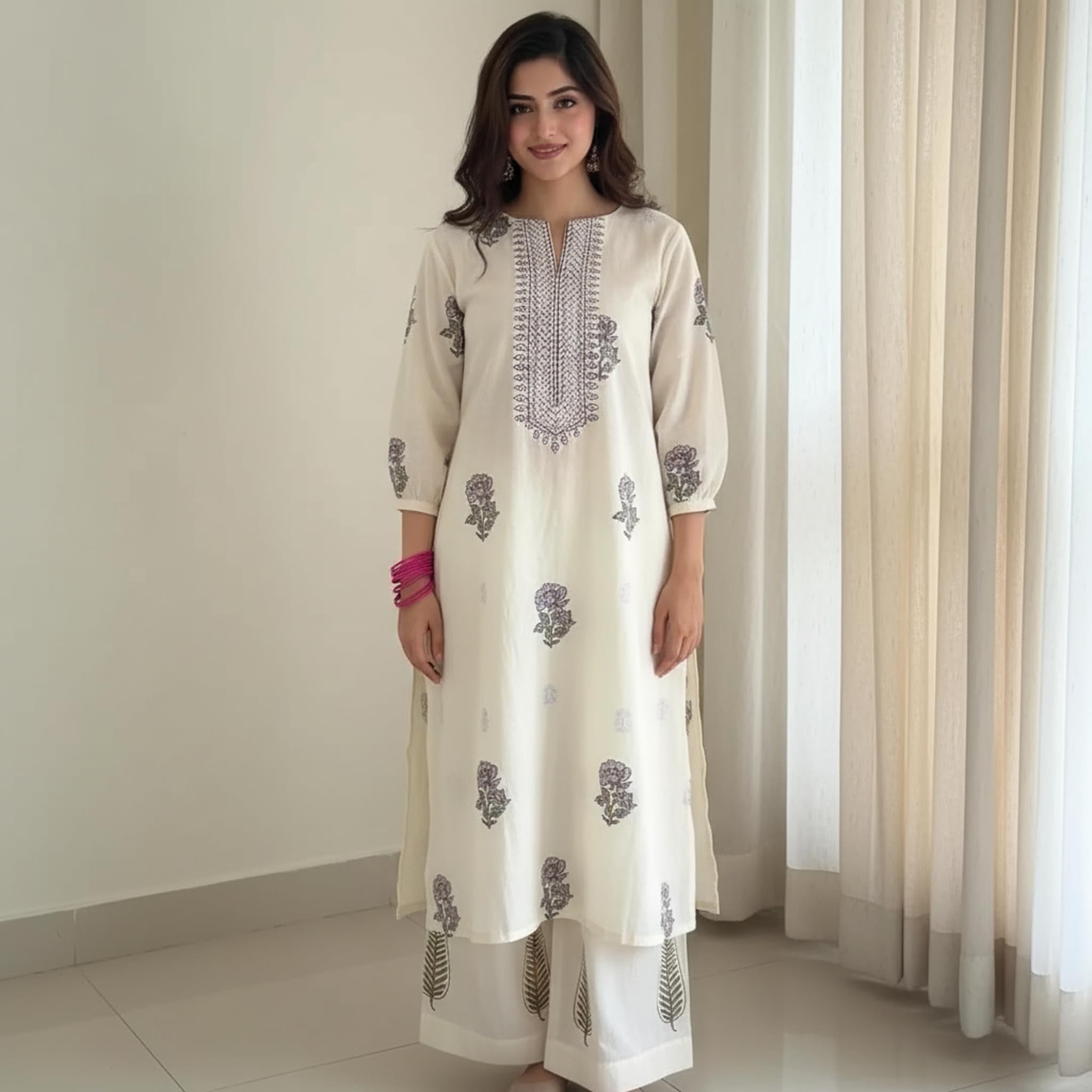 ANNI DESIGNER White Rayon Viscose Floral Kurta Set for Women - Image 5