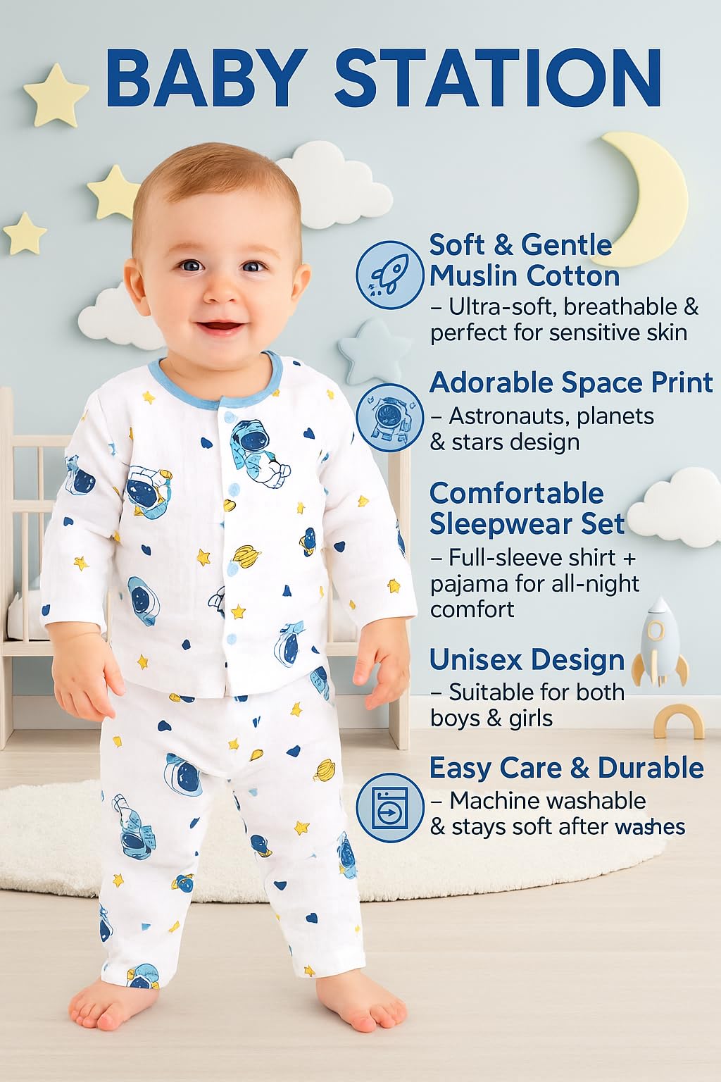 Muslin Cotton Night Suit for Baby Boys & Girls - Image 3