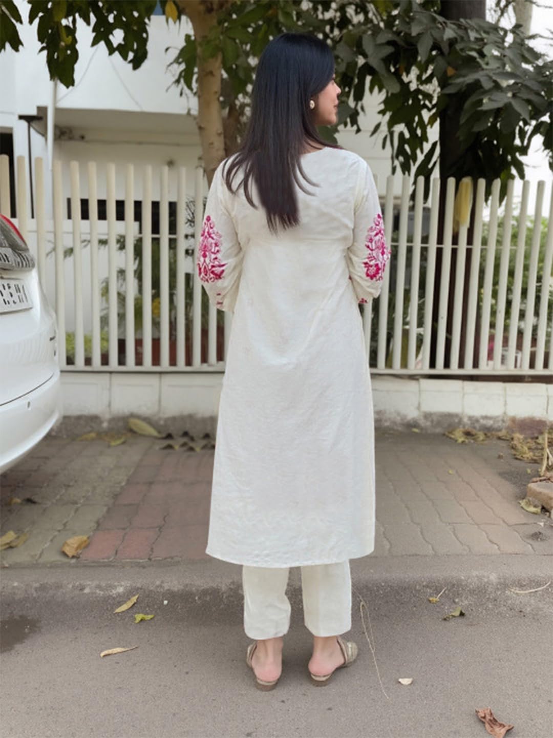 GoSriKi Women's Embroidered Kurta with Pant & Dupatta - Cream - Image 2