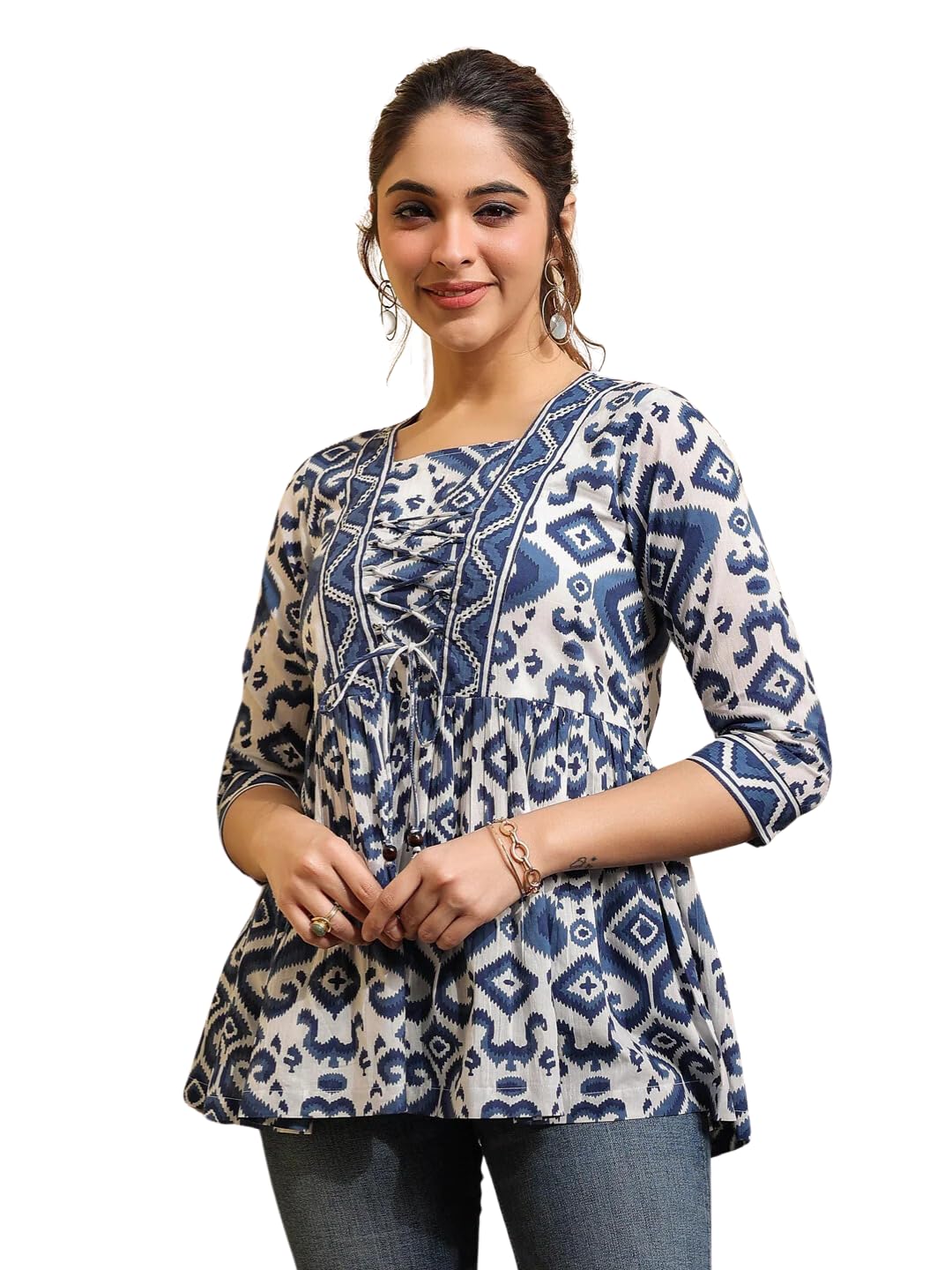 NAINVISH Blue Floral A-line Cotton Top for Women