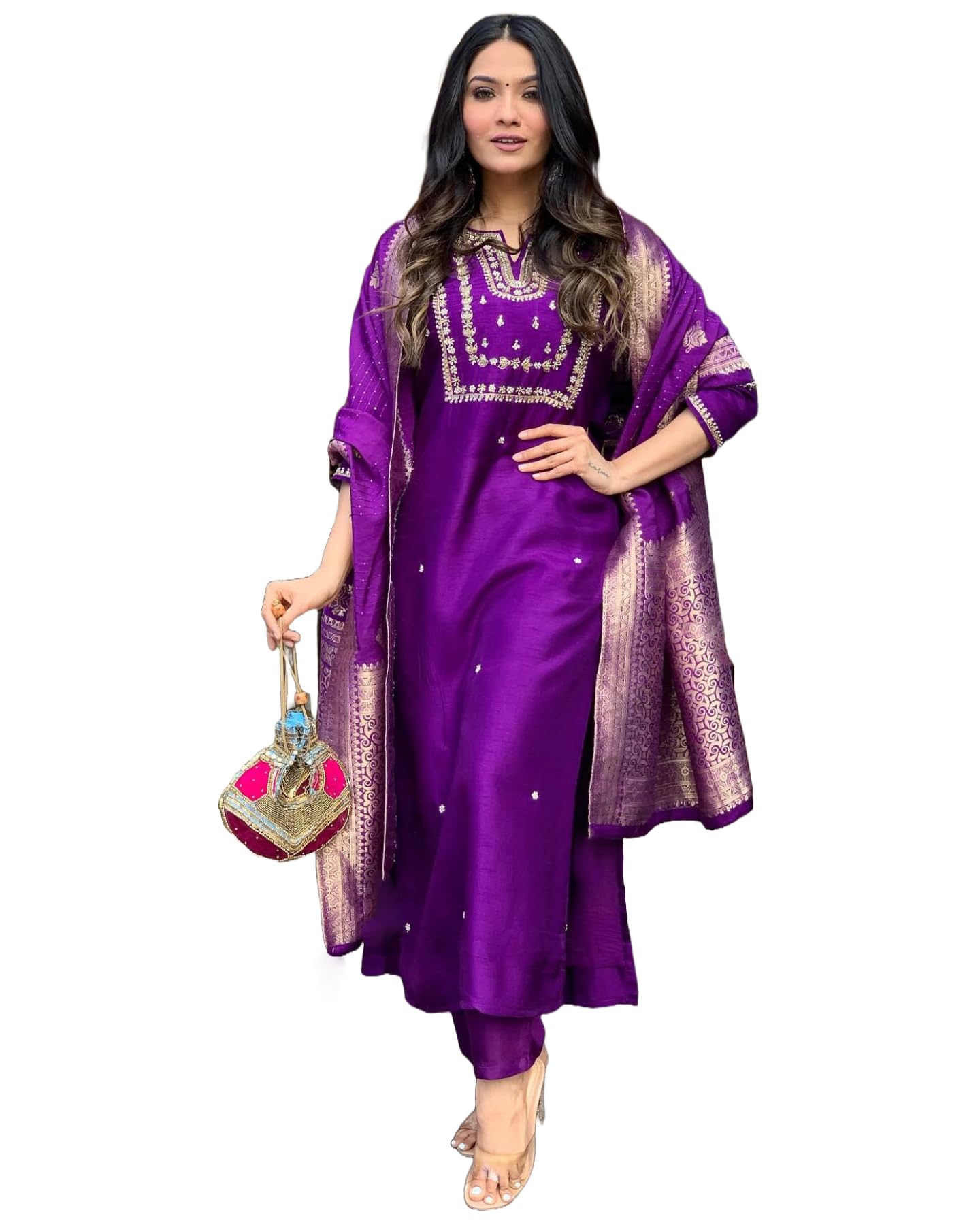 GoSriKi Women's Embroidered Kurta with Pant & Dupatta - Begani