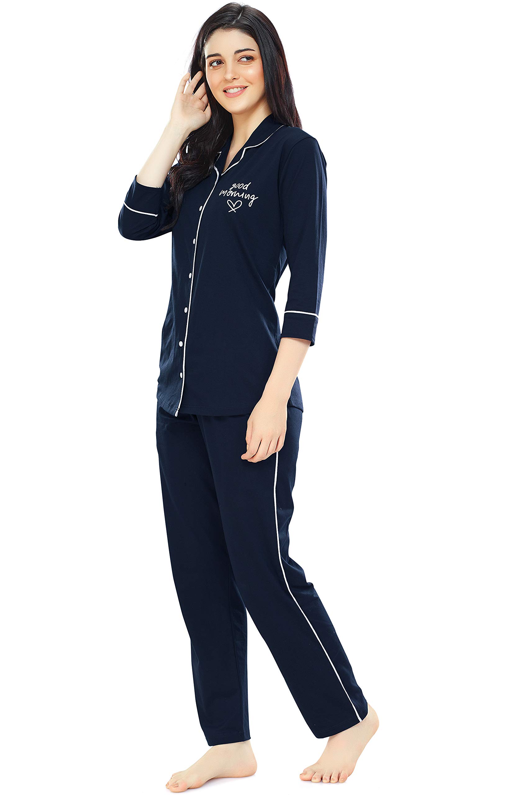 Navy Blue Cotton Night Suit Set for Women - Image 4