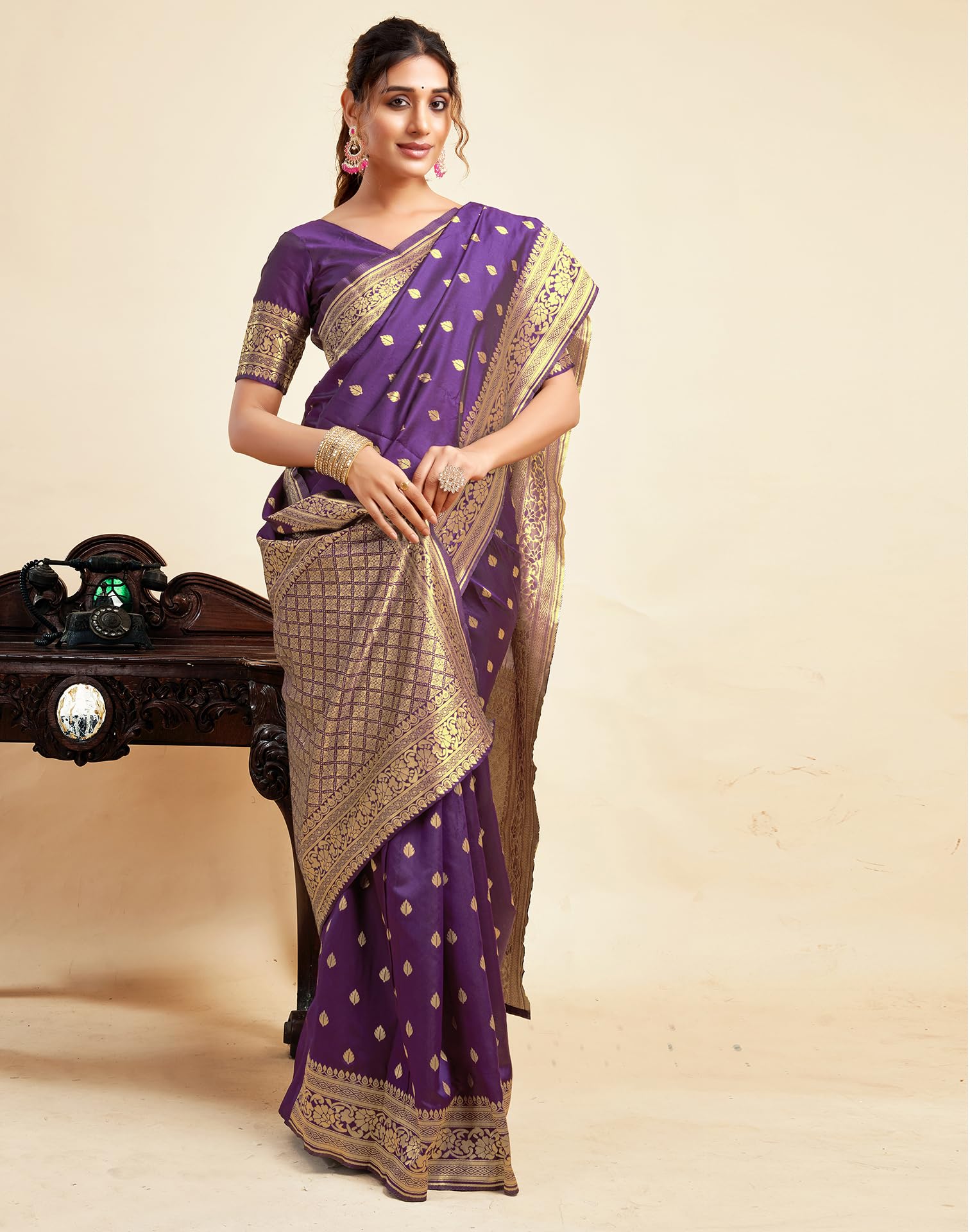 Banarasi Silk Saree - Purple Zari Work - Image 3
